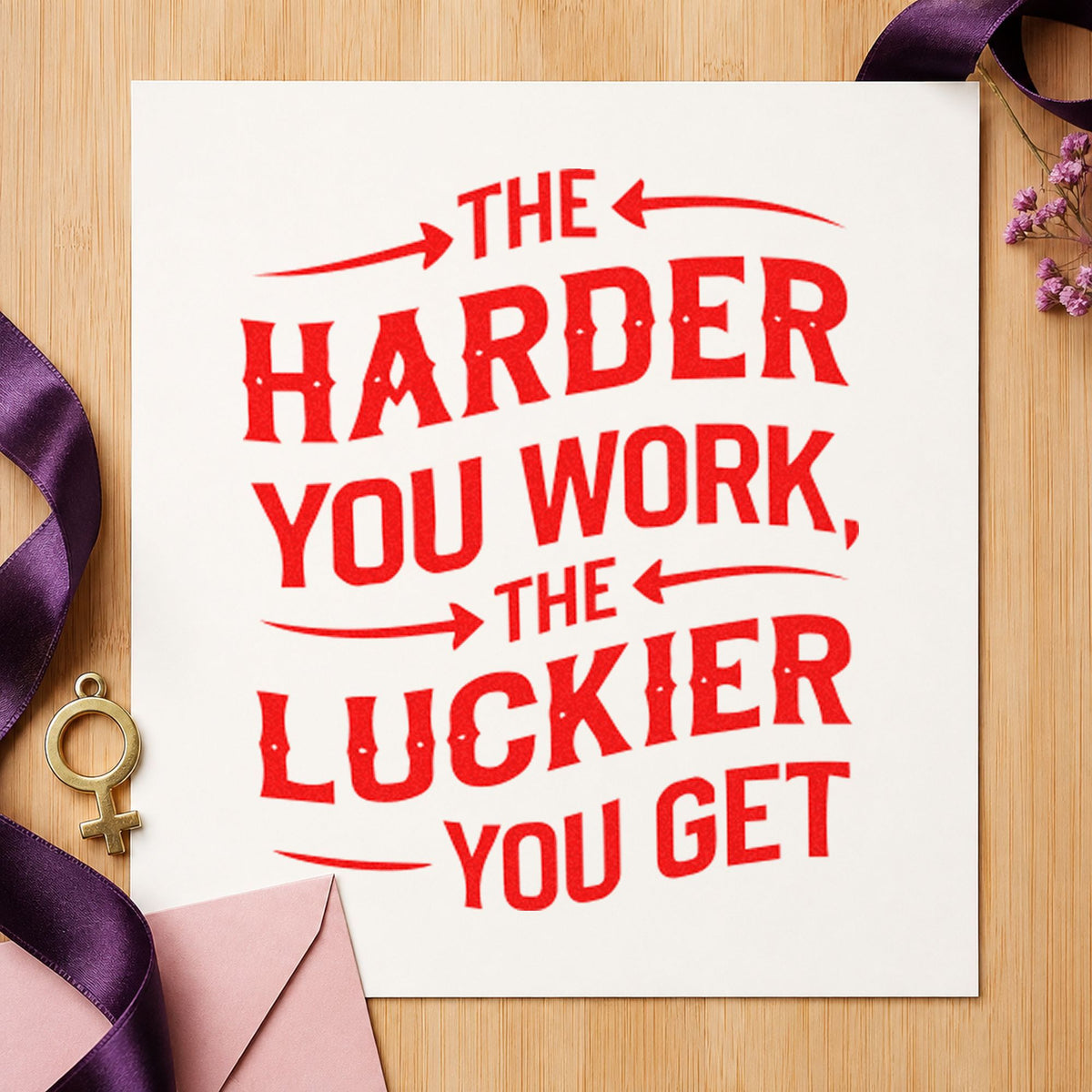 Harder Work Luckier Quote craft stamp imprint in red ink on a handmade project, one idea being harvest log cards.