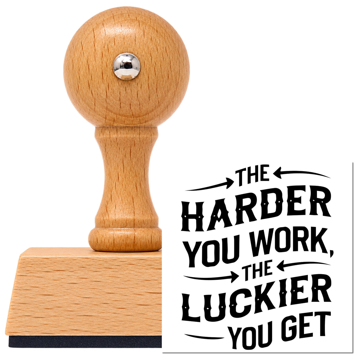 Harder Work Luckier Quote Vintage Pro rubber stamp in European beech wood with a round knob handle, shown beside its black imprint.
