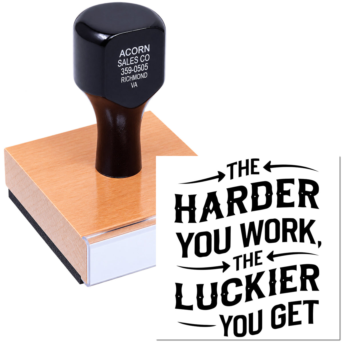 Custom rubber stamp on ink pad with The harder you work, the luckier you get design for business branding.
