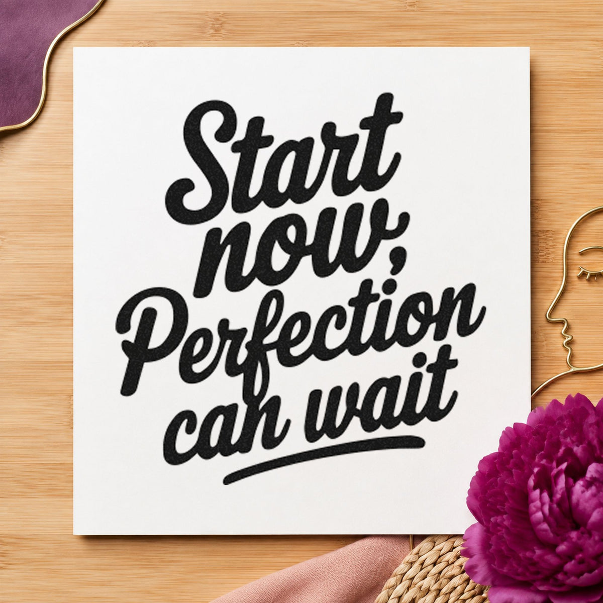Start Now Perfection Wait craft stamp in black ink on cardstock, an easy option for zine album page.