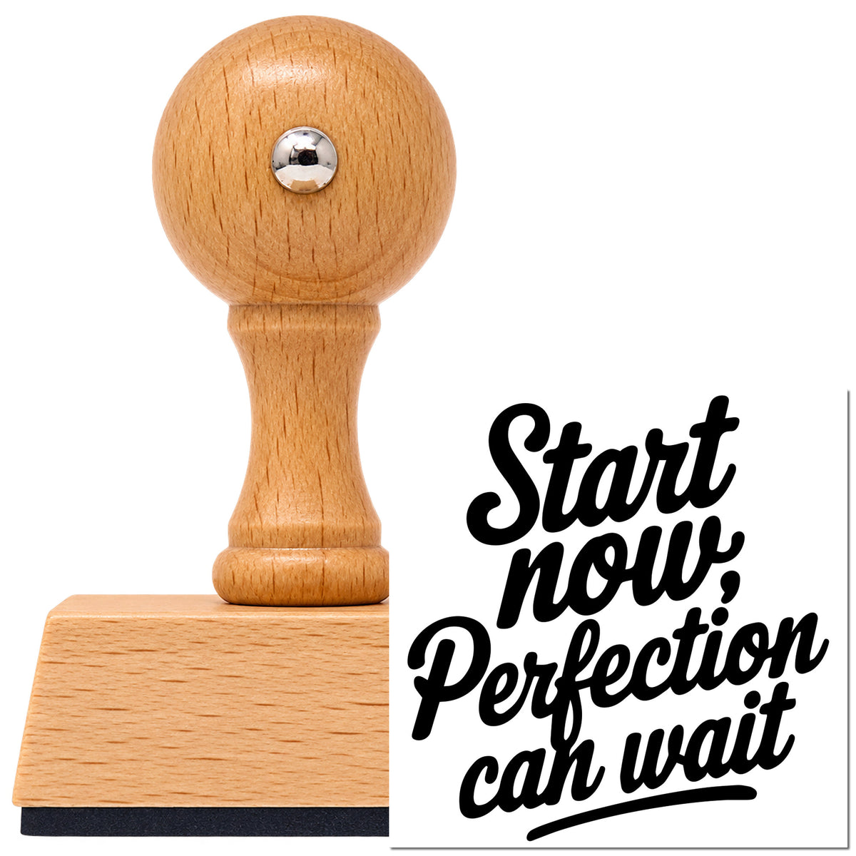 Start Now Perfection Can Wait Vintage Pro rubber stamp in European beech wood with a round knob handle, shown beside its black imprint.