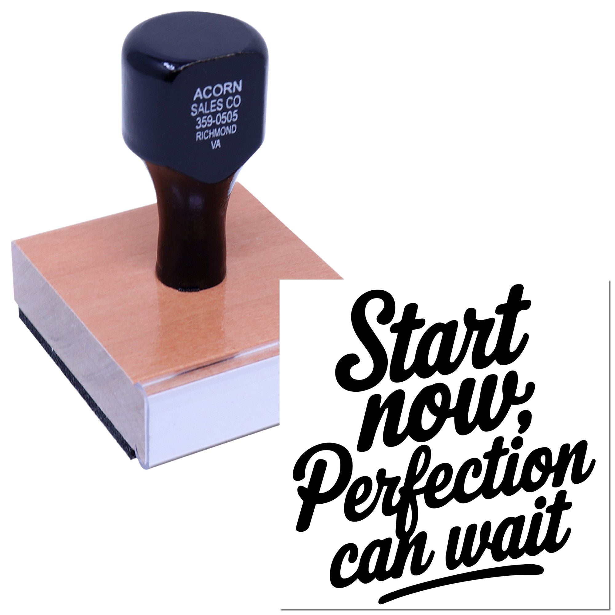 Custom rubber stamp with Start now, perfection can wait quote for office, crafts, and business branding.