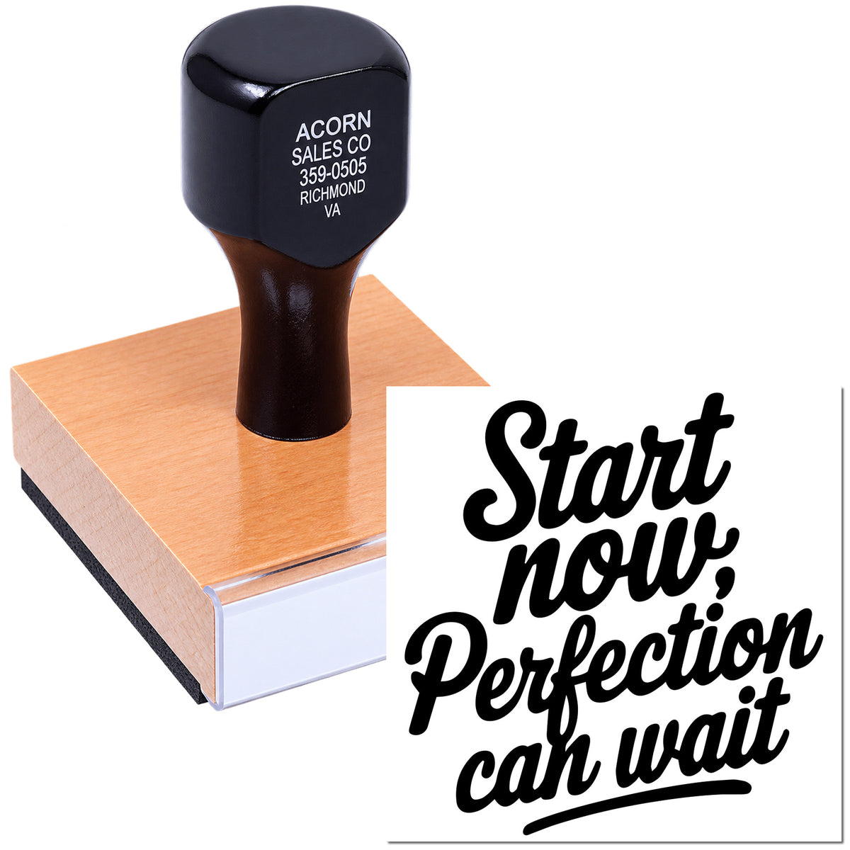 Custom rubber stamp with Start now, perfection can wait quote for office, crafts, and business branding.