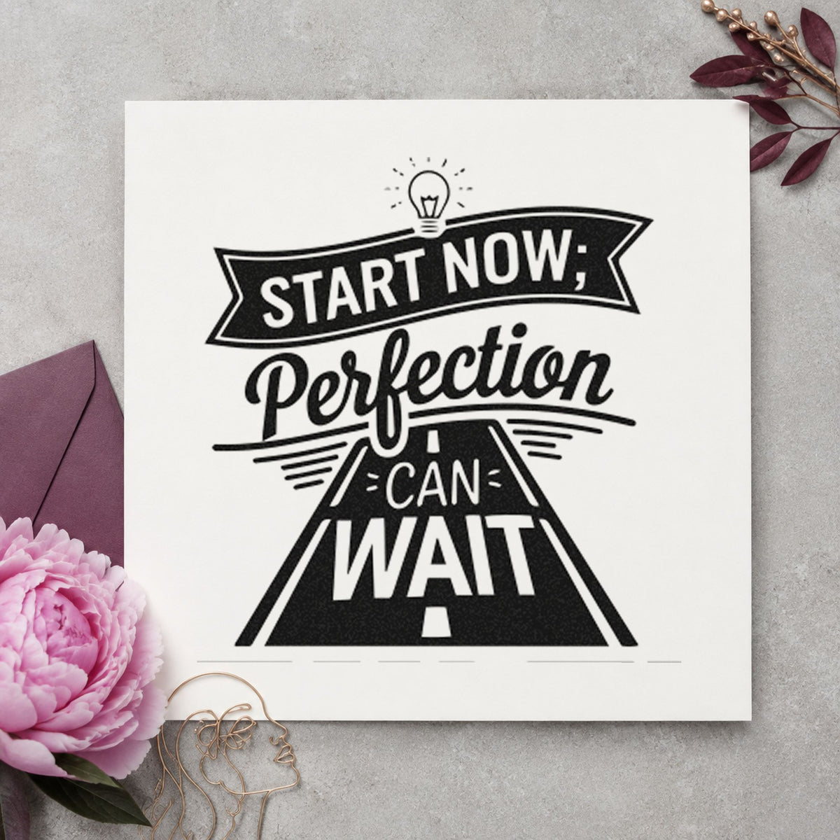 Start Now Perfection Road craft stamp in black ink on cardstock, an easy option for manual learn album page.