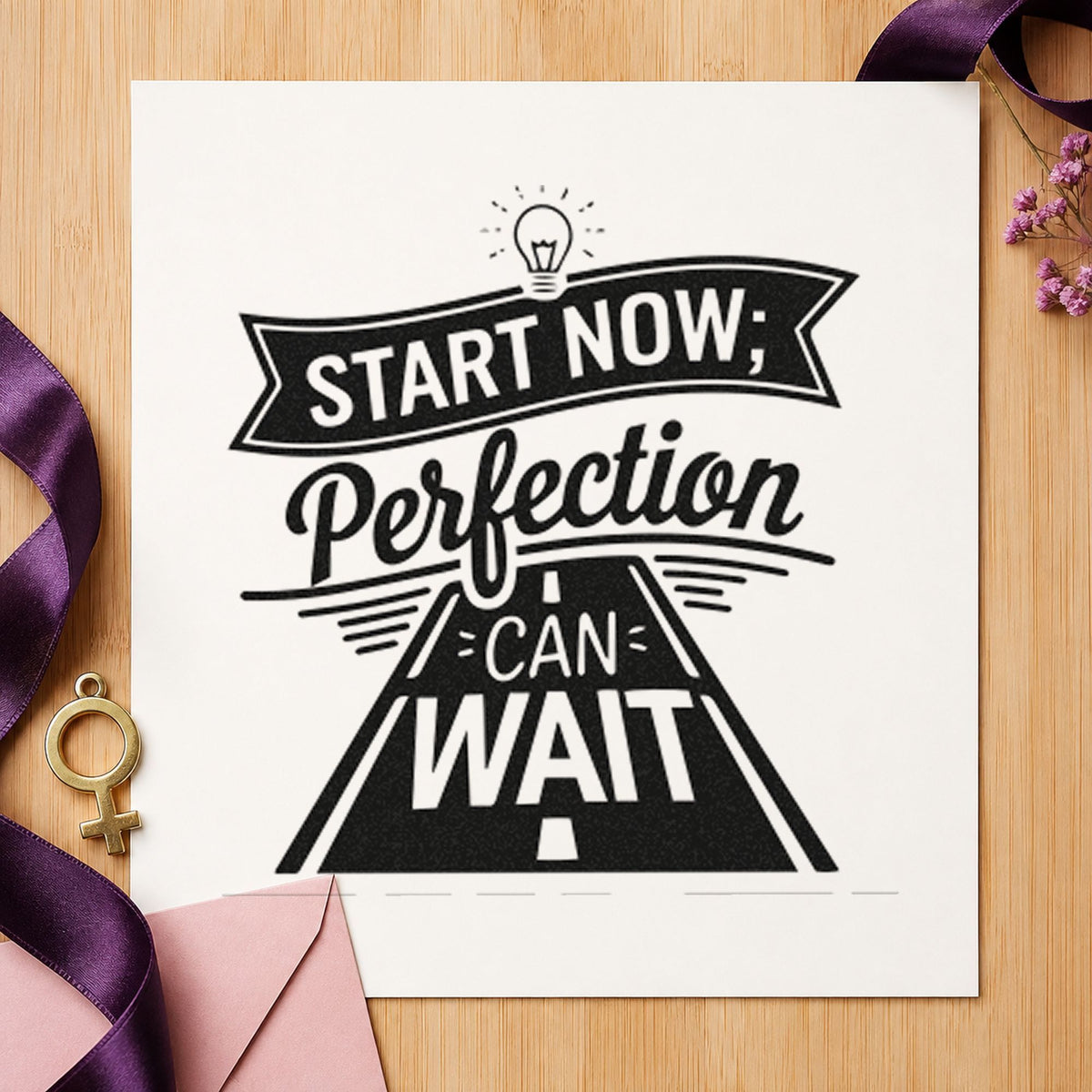Start Now Perfection Road craft stamp imprint in black ink on a handmade project, one idea being key ring gift tags.