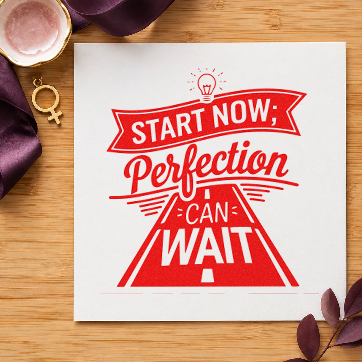 Start Now Perfection Road craft stamp imprint in red ink on a handmade project, one idea being hill start cards.