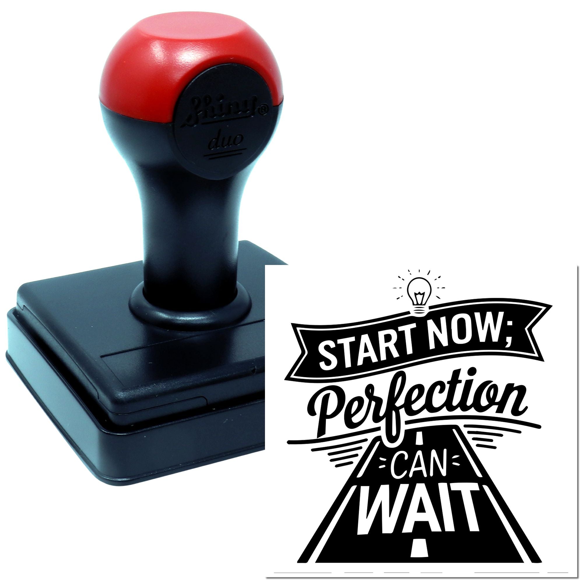 Custom self-inking rubber stamp with Start Now, Perfection Can Wait motivational quote for office or branding use.
