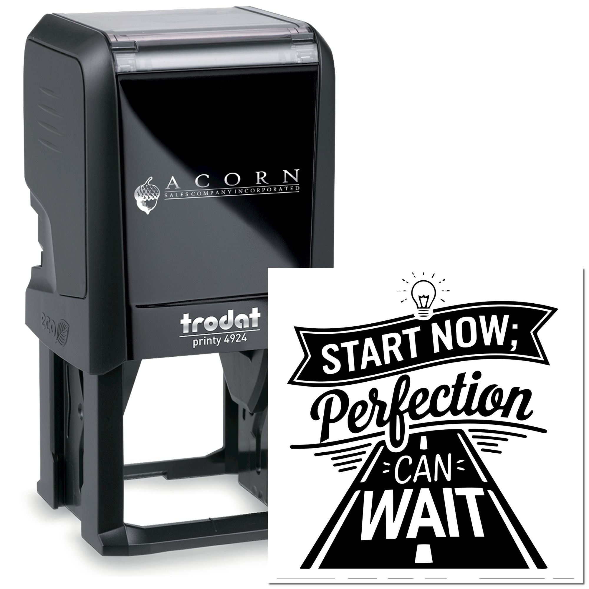 Custom self-inking rubber stamp with motivational Start Now, Perfectly Can Wait design for business use.