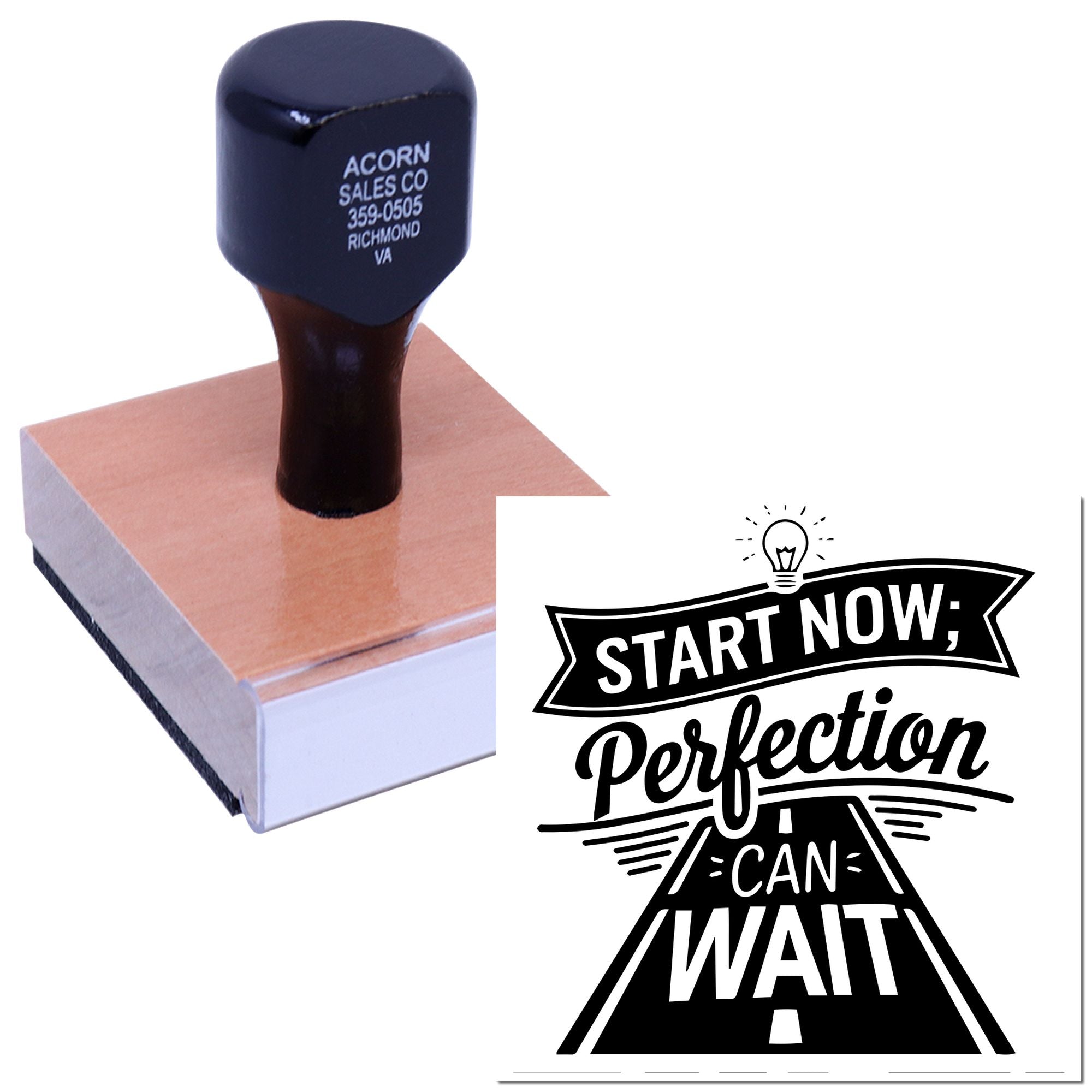 Custom rubber stamp imprint with Start Now, Perfection Can Wait motivational design for business branding and office use.