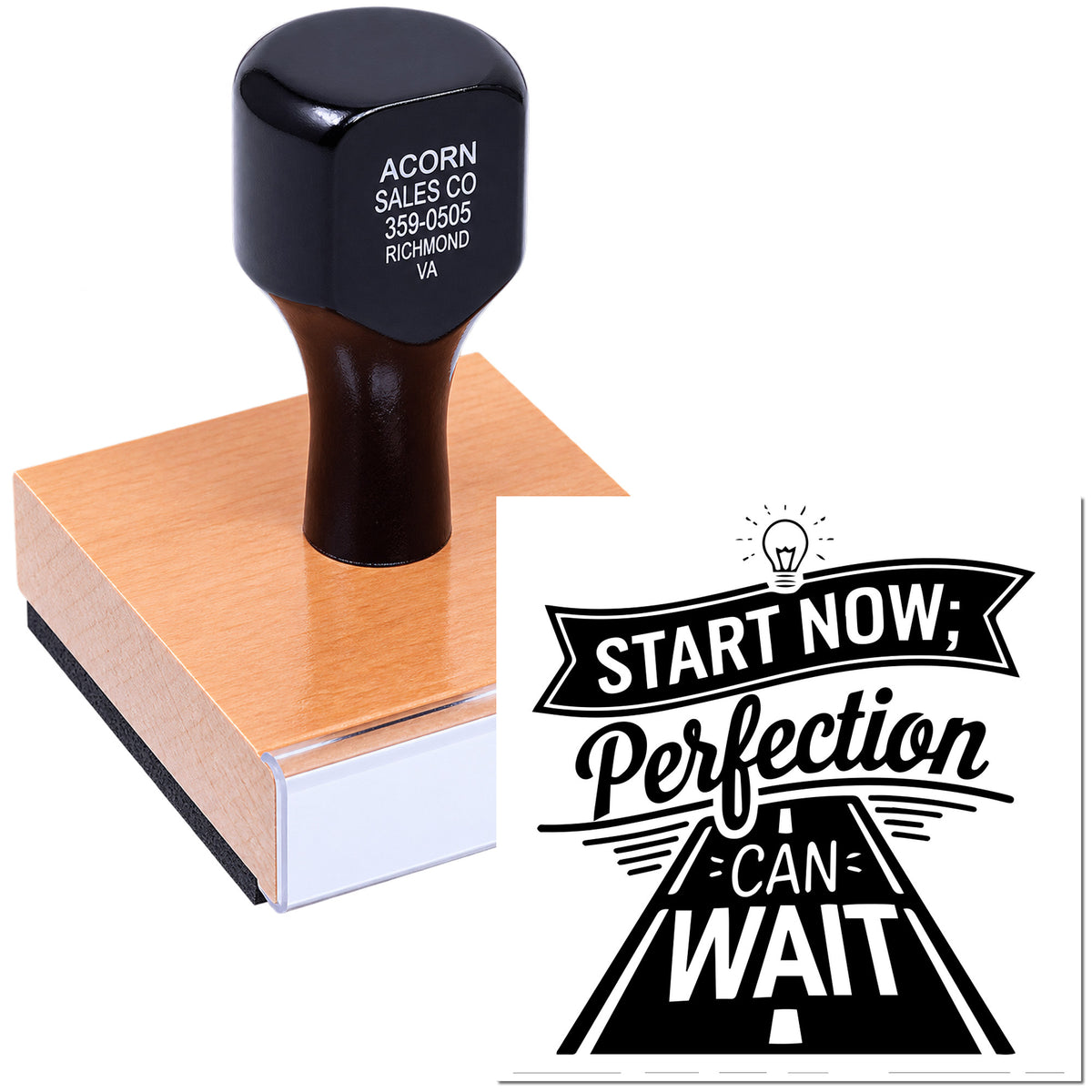 Custom rubber stamp imprint with Start Now, Perfection Can Wait motivational design for business branding and office use.