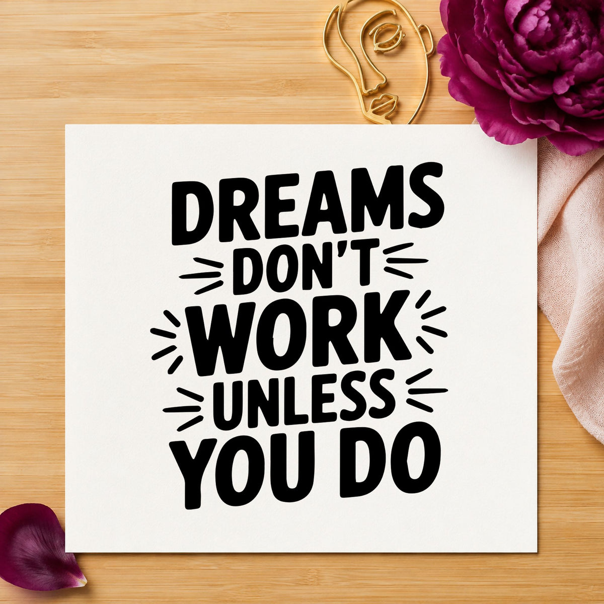 Dreams Do Not Work craft stamp imprint in black ink on a handmade project, one idea being tool set gift tags.