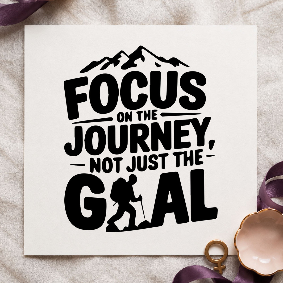 Focus Journey Hiker Mountains craft stamp in black ink on cardstock, an easy option for pilgrim walk album page.