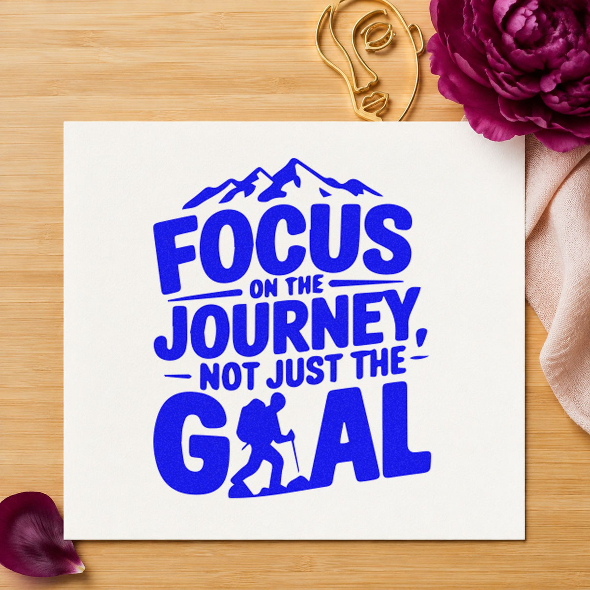 Focus Journey Hiker Mountains craft stamp imprinted in blue ink on paper, a design suited to framed hall corner.