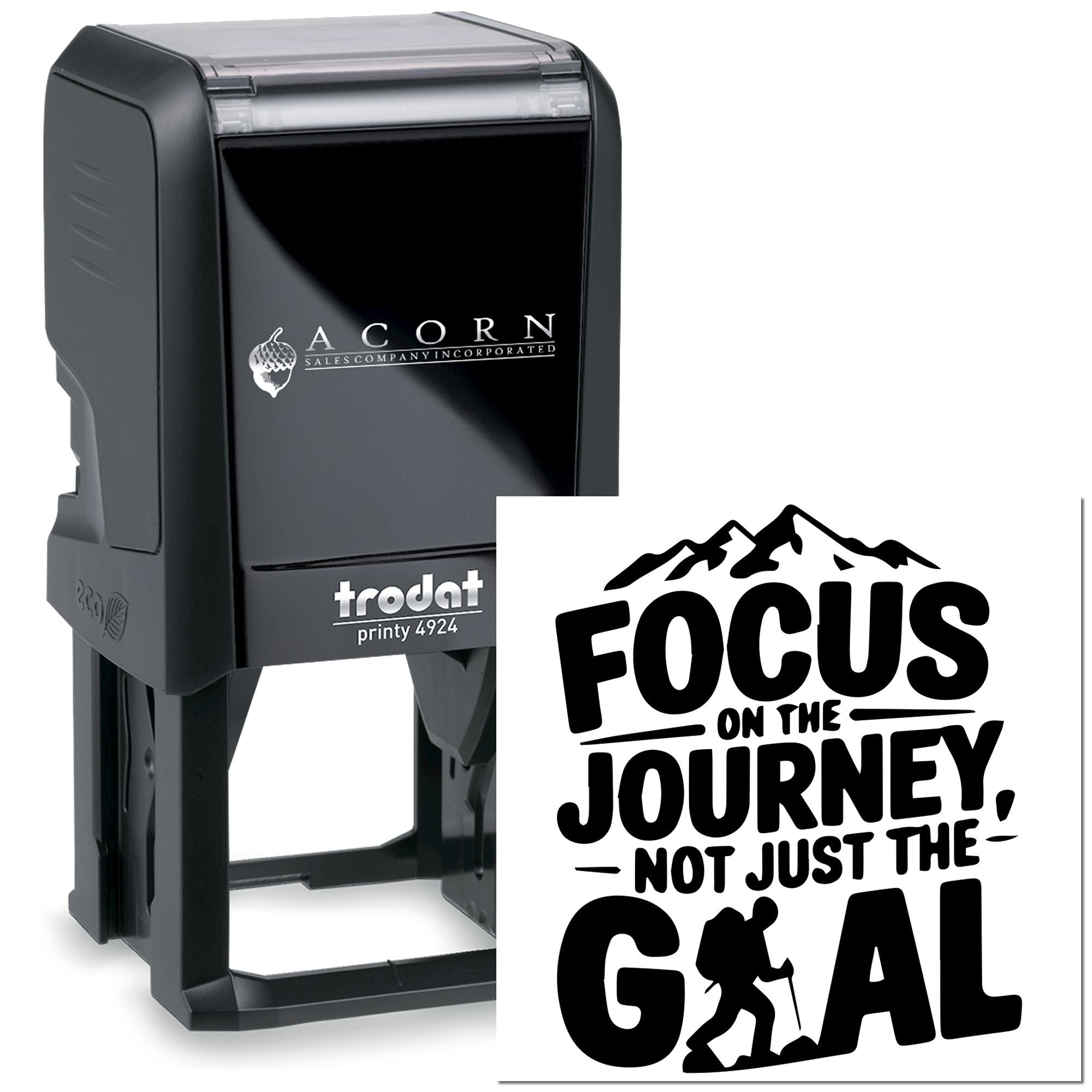 Custom self-inking rubber stamp with logo and motivational quote, ideal for personalized business branding and crafts.
