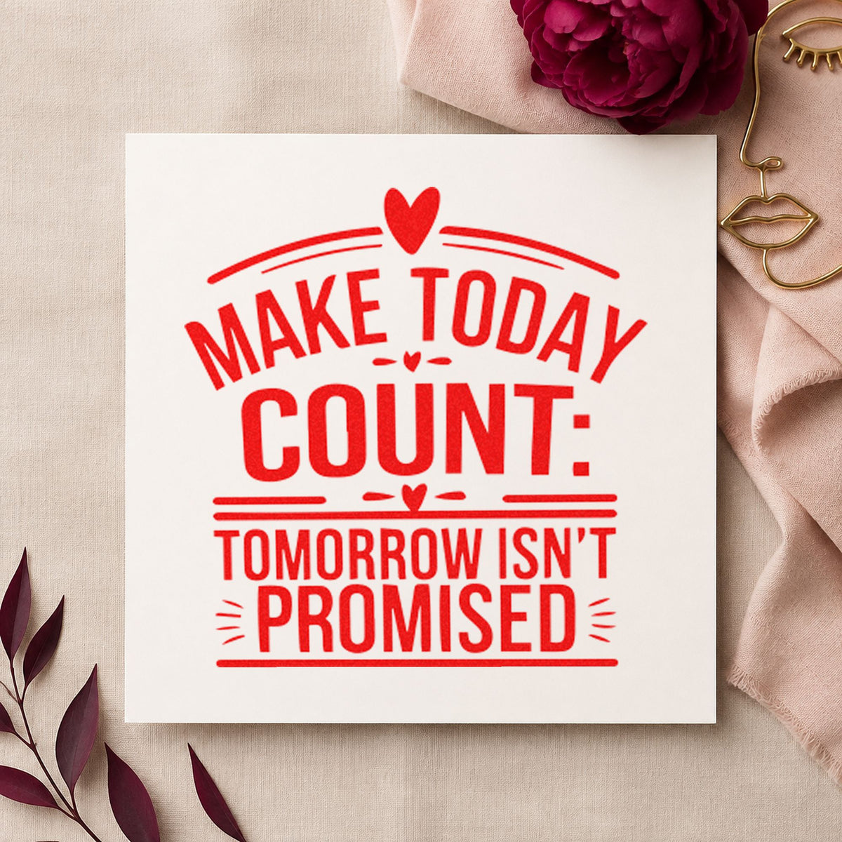 Make Today Count Hearts craft stamp imprint in red ink on a handmade project, one idea being tradition note cards.