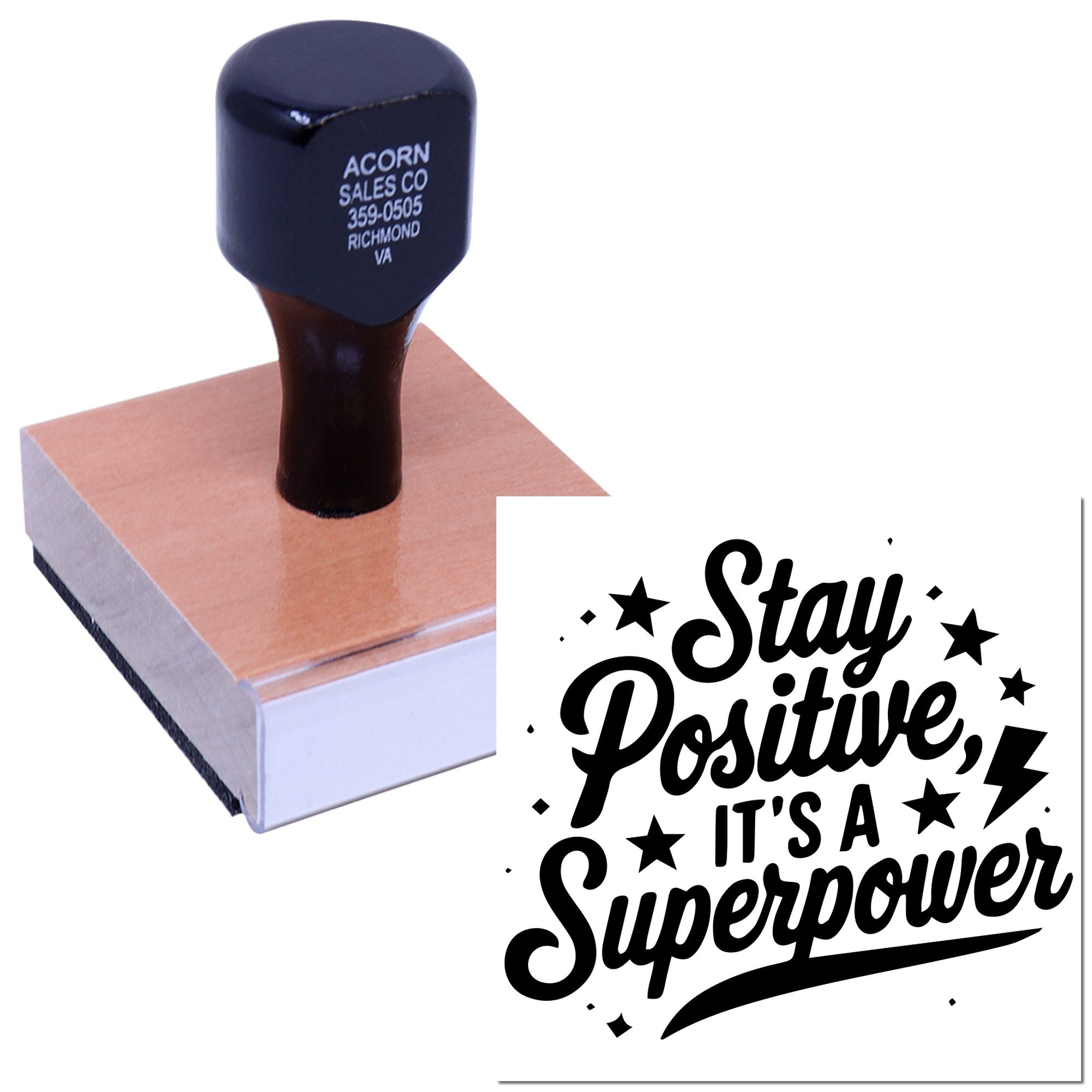 Motivational rubber stamp with Stay Positive, Its a Superpower design for uplifting crafts, branding, and office use.