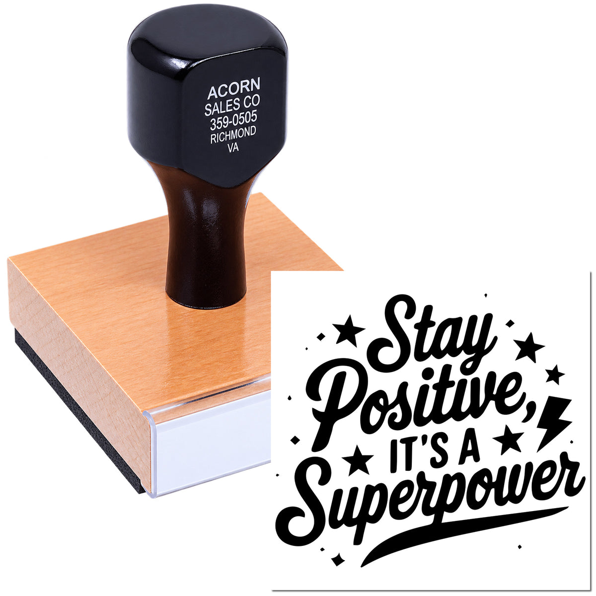 Motivational rubber stamp with Stay Positive, Its a Superpower design for uplifting crafts, branding, and office use.