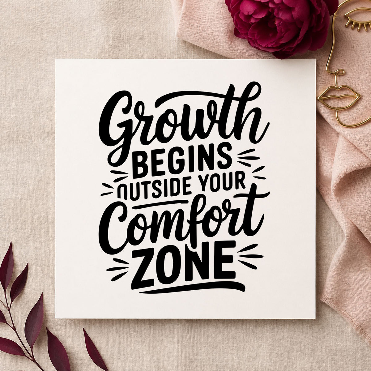 Growth Outside Comfort Zone craft stamp imprint in black ink on a handmade project, one idea being shoe bag gift tags.