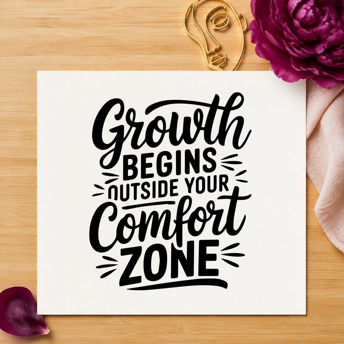 Growth Outside Comfort Zone rubber stamp printed in black ink, ready for step learn sheet and similar paper crafts.
