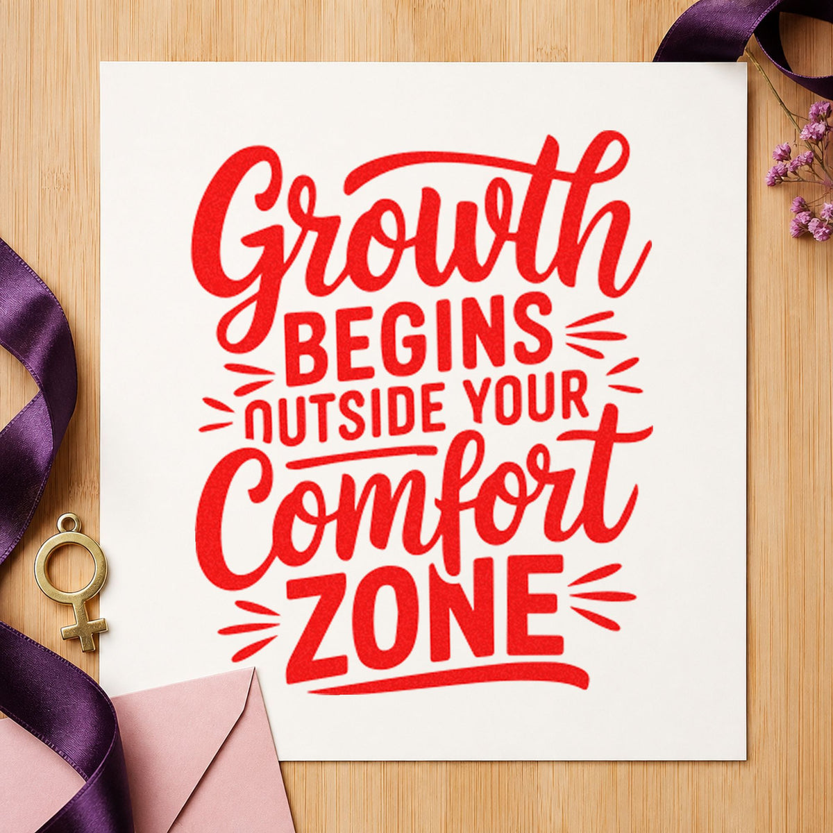 Growth Outside Comfort Zone rubber stamp shown in red ink, stamped for projects such as shelf shoe labels.