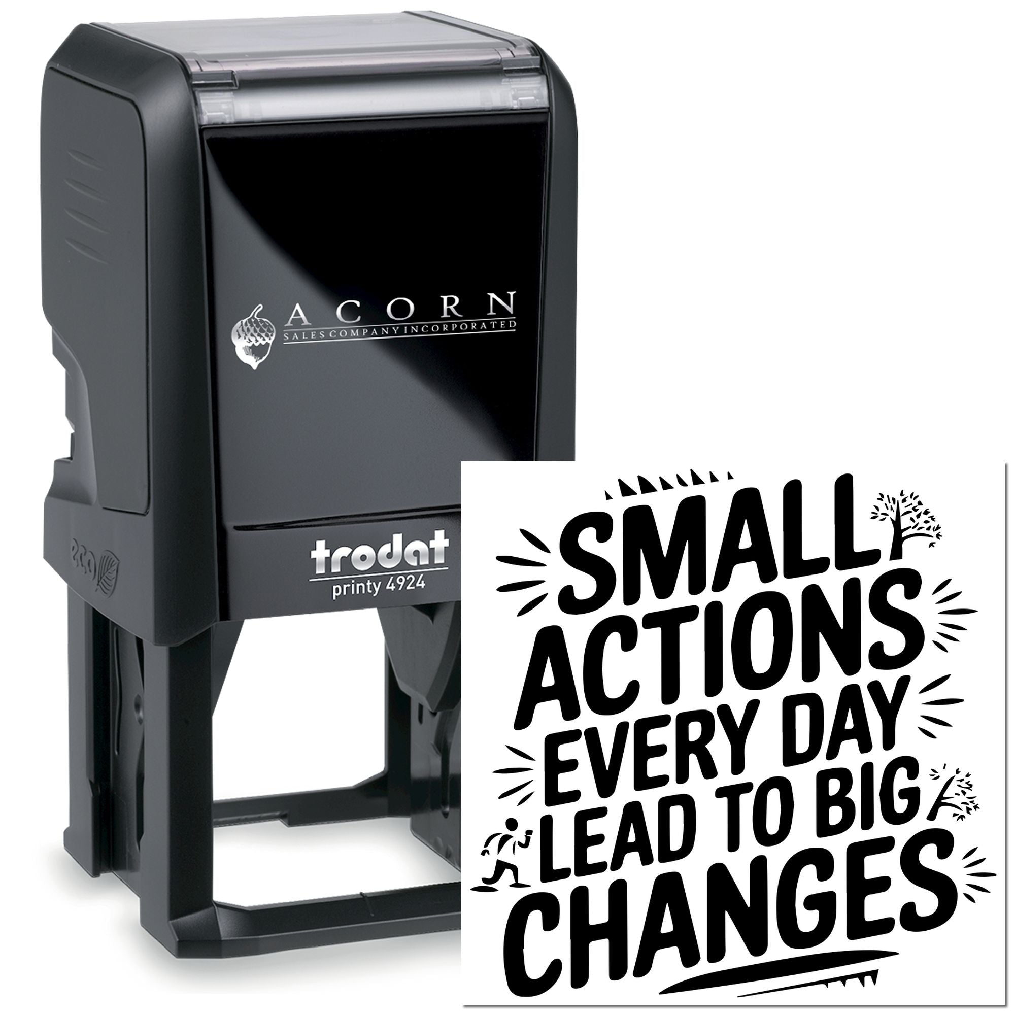 Custom self-inking rubber stamp with motivational quote, ideal for business branding and inspirational message stamping.