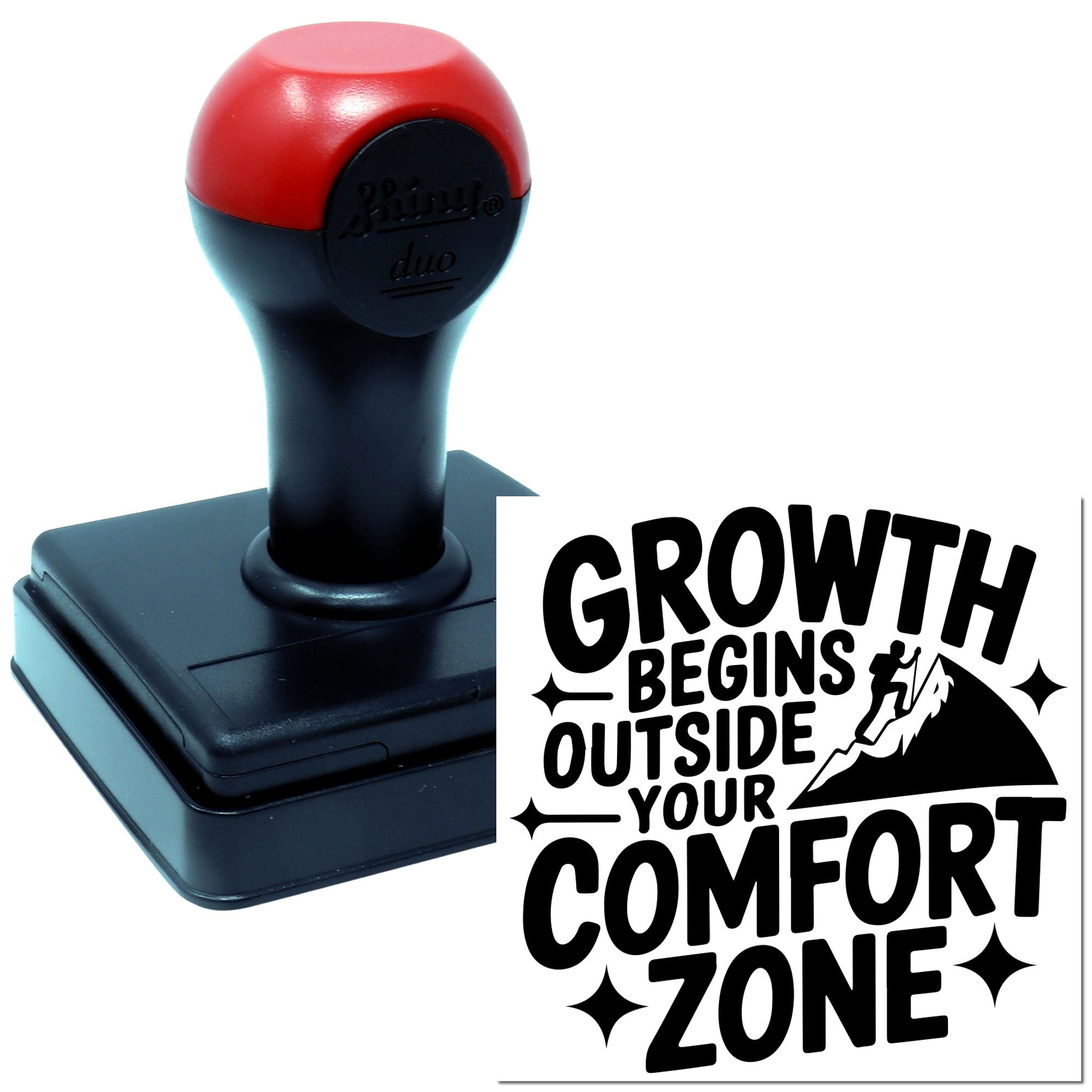 Self-inking rubber stamp with Growth Begins Outside Your Comfort Zone motivational quote for custom office stamping.