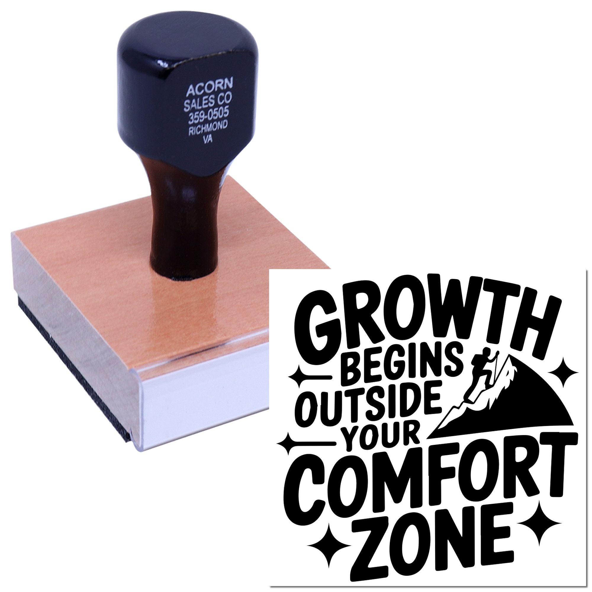 Custom rubber stamp featuring Growth Begins Outside Your Comfort Zone design for motivational branding and craft projects.