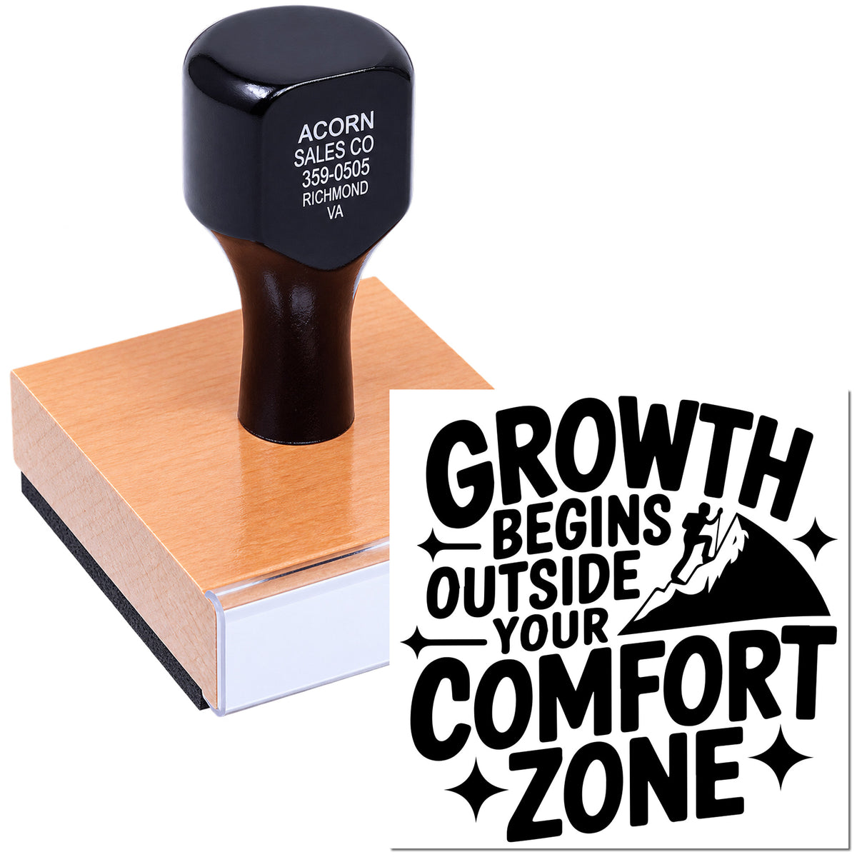 Custom rubber stamp featuring Growth Begins Outside Your Comfort Zone design for motivational branding and craft projects.
