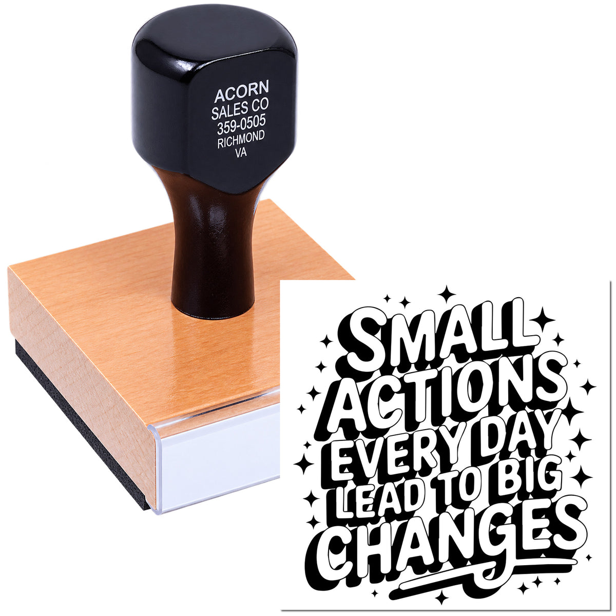 Custom rubber stamp with motivational quote design, Small Actions Every Day Lead to Big Changes, for crafts or business branding.