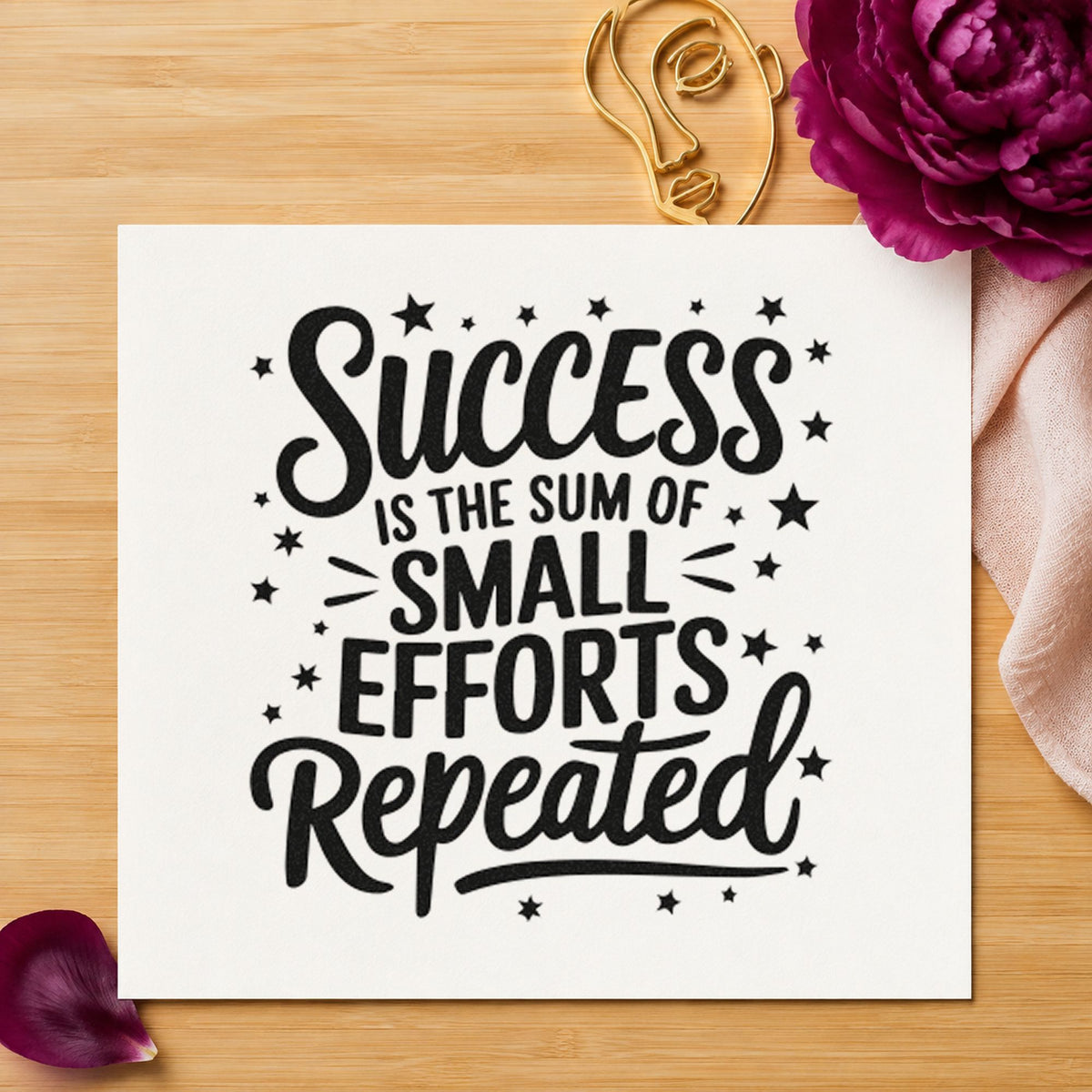Success Small Efforts Repeated craft stamp imprint in black ink on a handmade project, one idea being antenna gift tags.