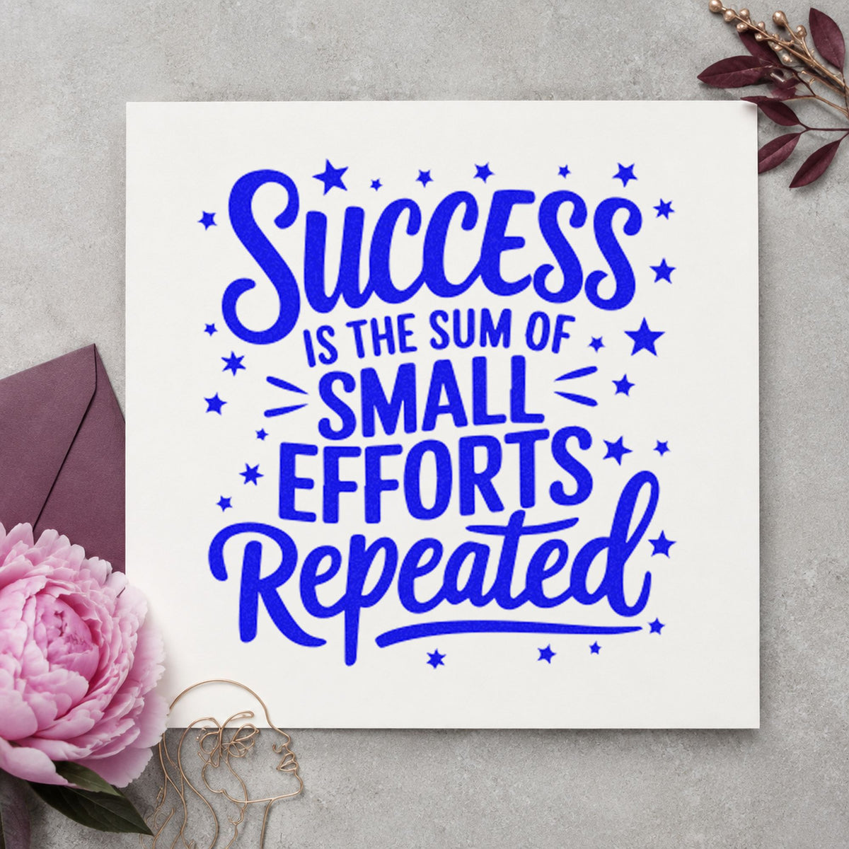 Success Small Efforts Repeated craft stamp in blue ink on cardstock, an easy option for bench mat printing.