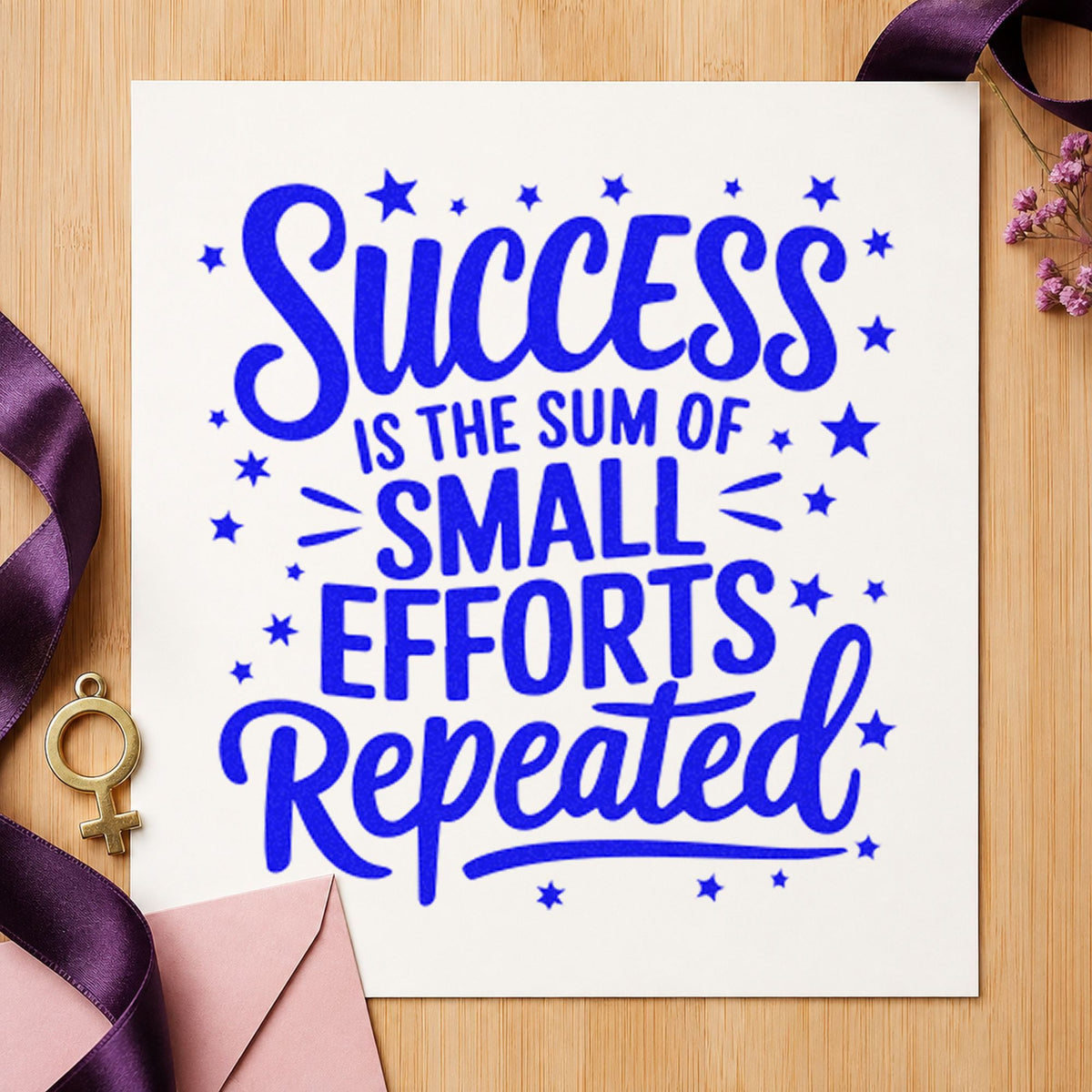 Success Small Efforts Repeated craft stamp imprinted in blue ink on paper, a design suited to framed shack wall.