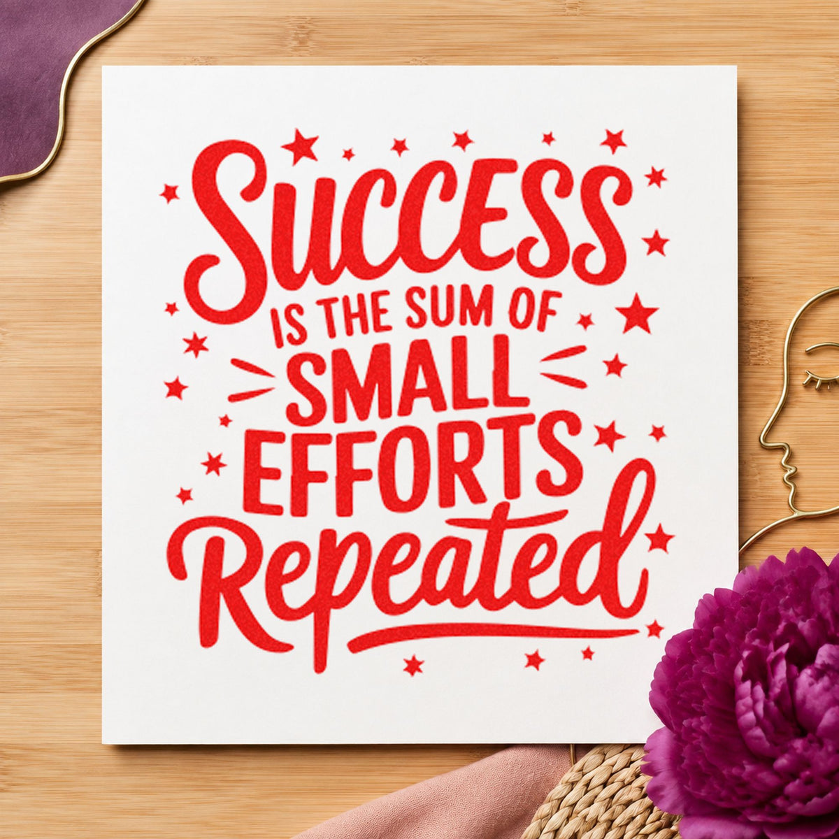 Success Small Efforts Repeated craft stamp imprint in red ink on a handmade project, one idea being confirm card notes.