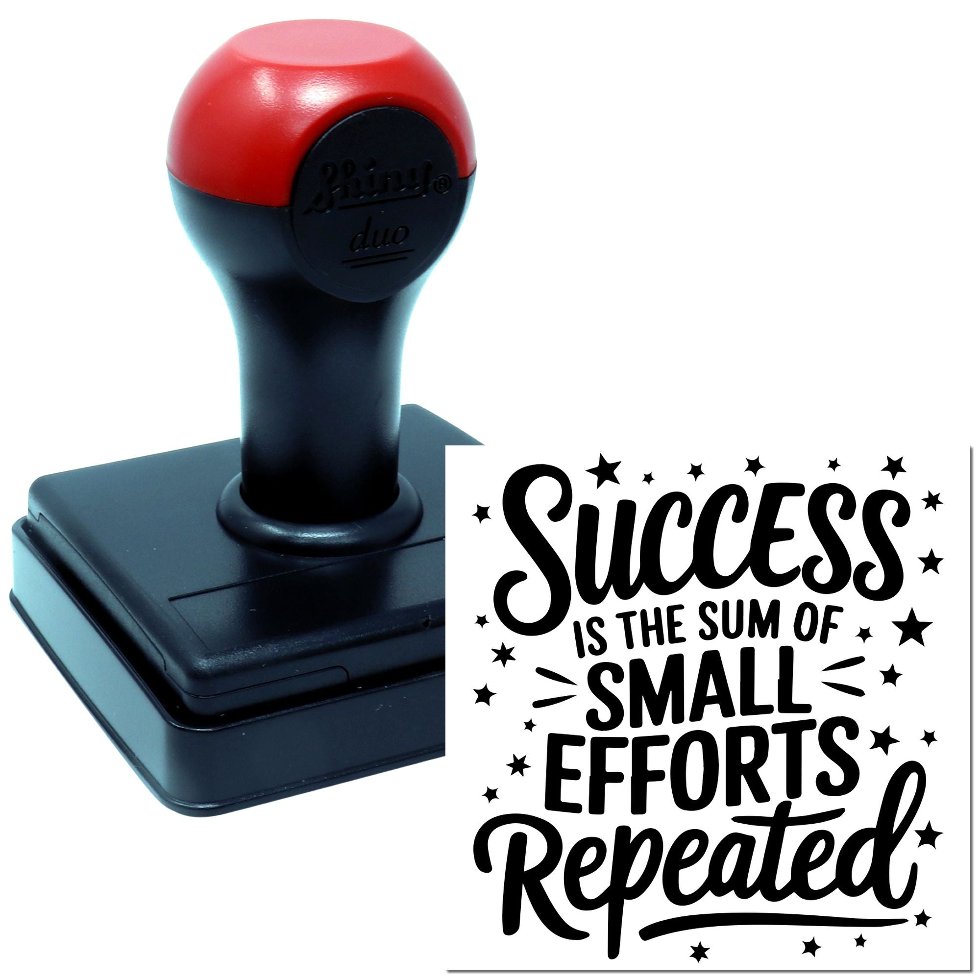 Self-inking rubber stamp with inspirational quote, Success is the sum of small efforts repeated, for office or classroom use.