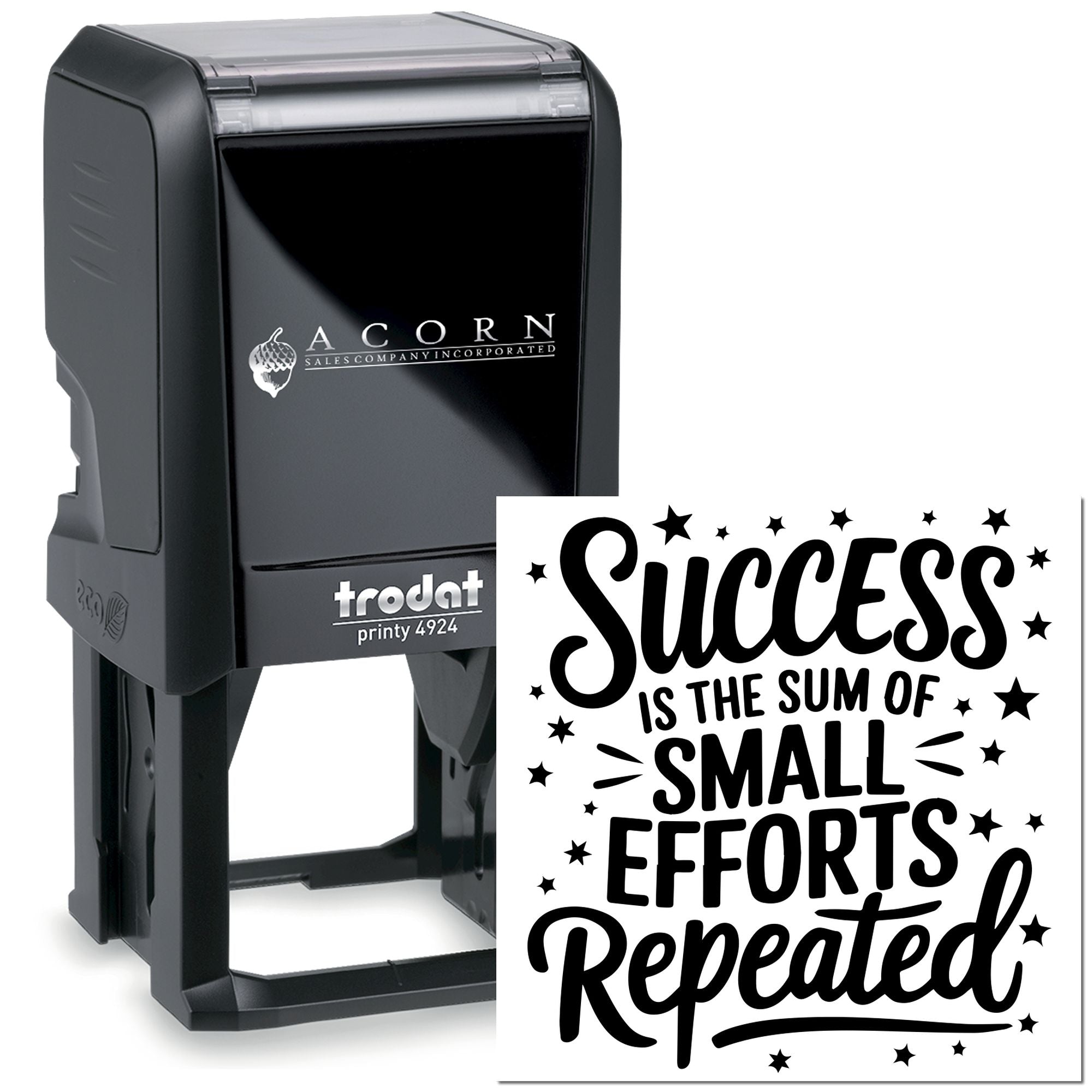 Trodat self-inking rubber stamp with custom Success is the sum of small efforts repeated motivational imprint.