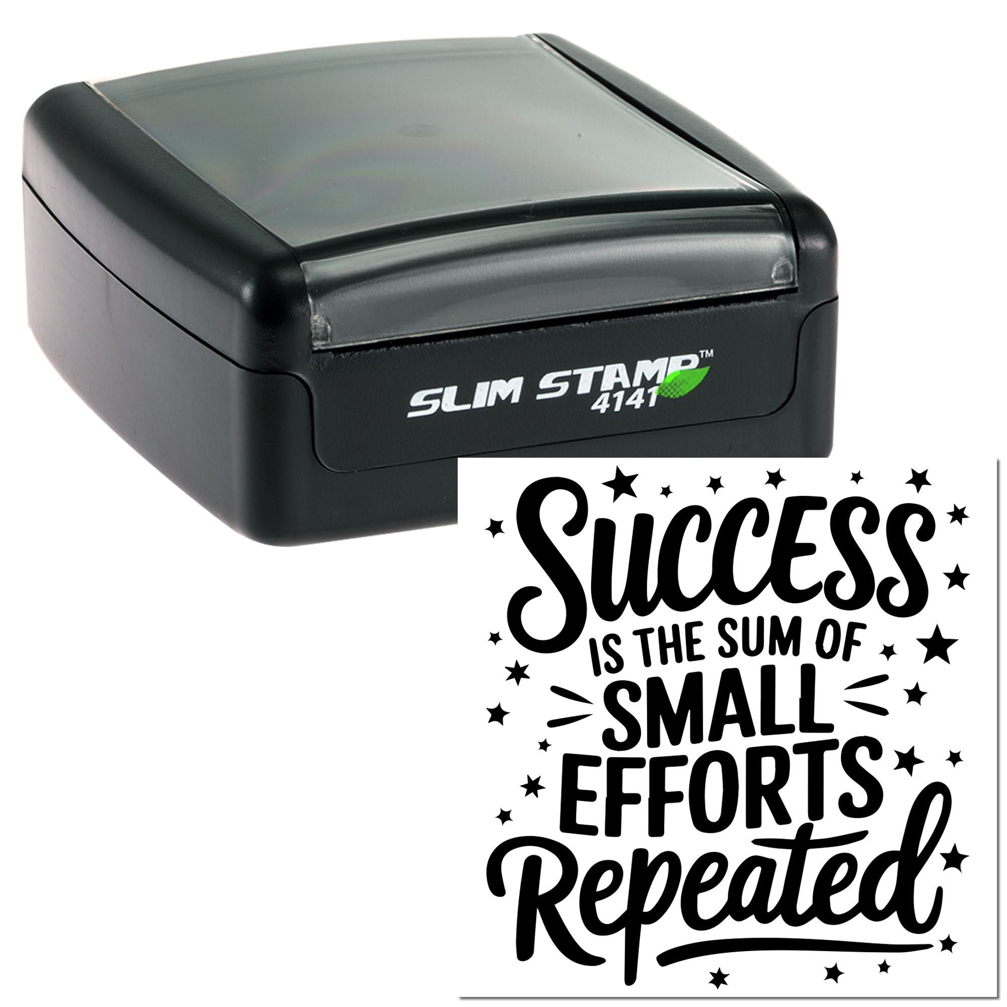 Slim self-inking rubber stamp with motivational quote, Success is the sum of small efforts repeated, for custom stamping.