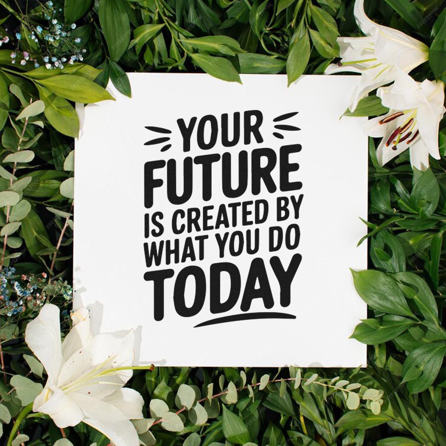 Motivational rubber stamp design with quote: Your future is created by what you do today.