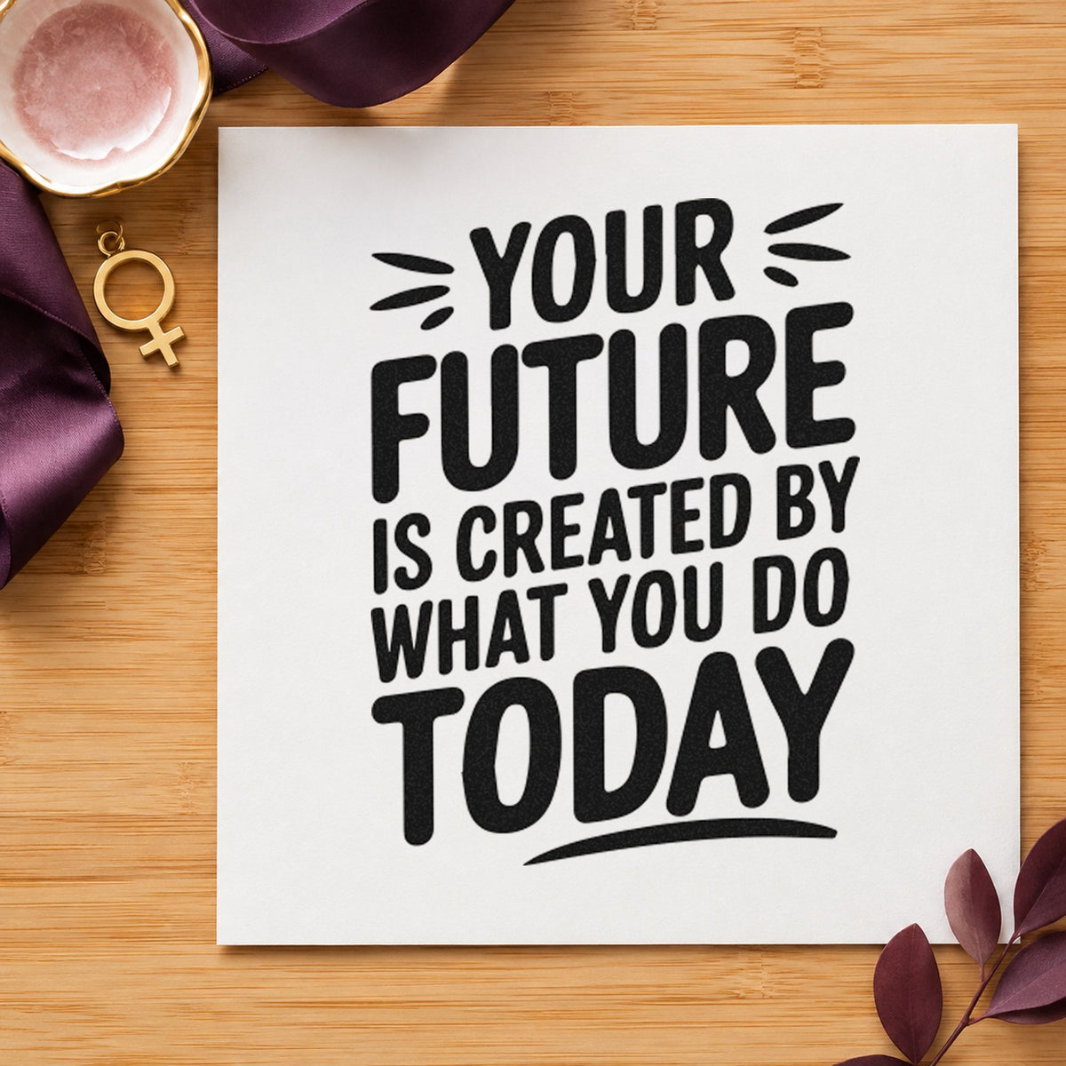 Your Future Created Today craft stamp imprint in black ink on a handmade project, one idea being open day gift tags.