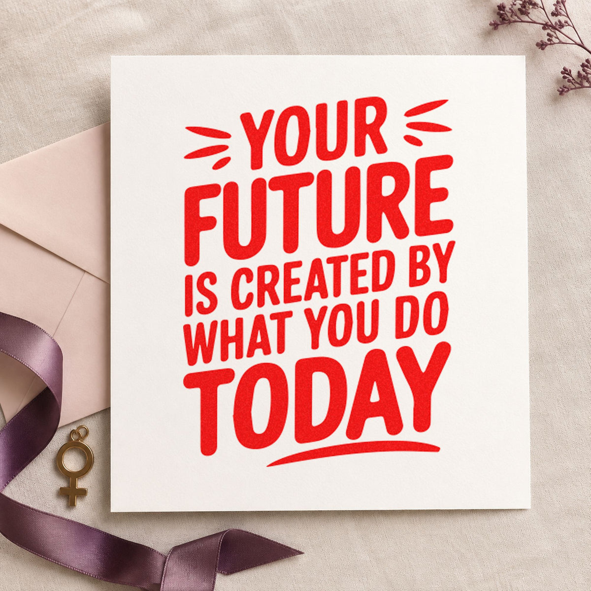 Your Future Created Today rubber stamp shown in red ink, stamped for projects such as drawer option labels.