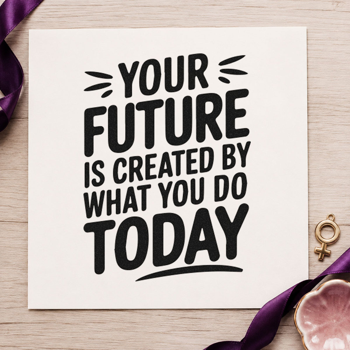 Your Future Created Today rubber stamp printed in black ink, ready for decorative stroke cards and similar paper crafts.