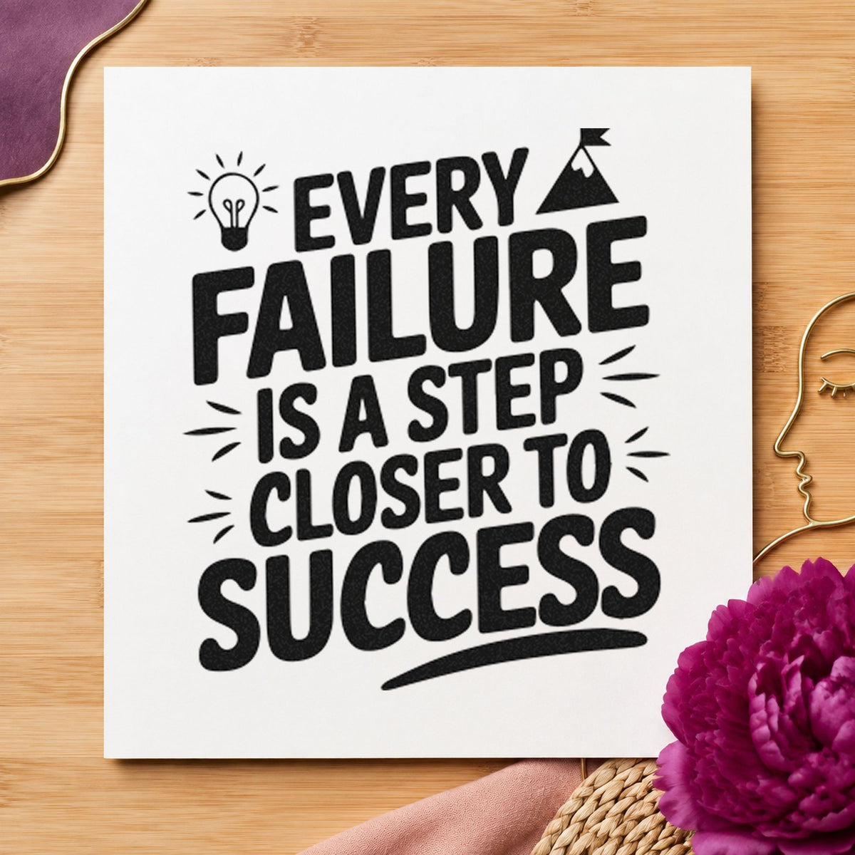 Every Failure Closer Success craft stamp imprint in black ink on a handmade project, one idea being part order gift tags.