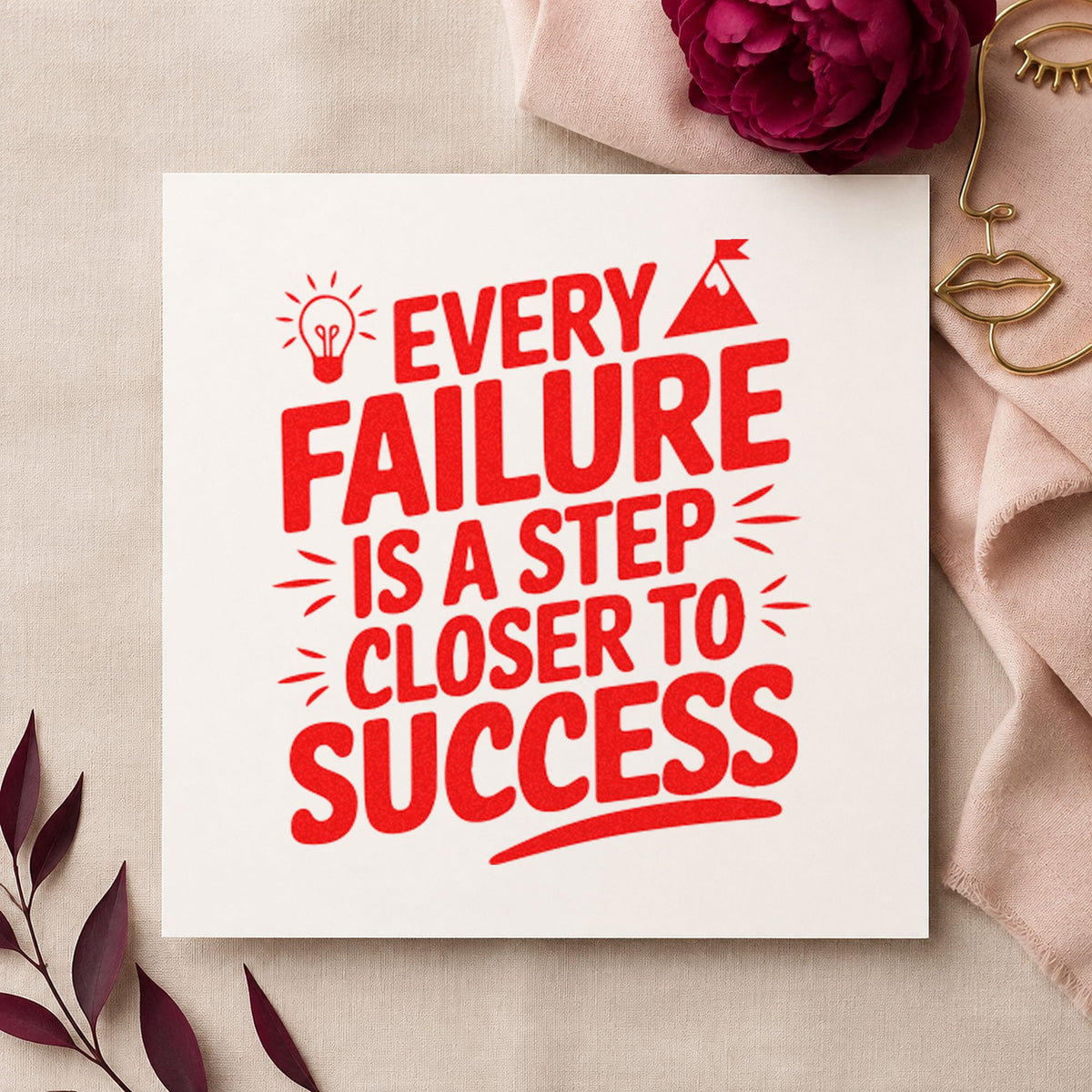 Every Failure Closer Success craft stamp imprint in red ink on a handmade project, one idea being failure log cards.