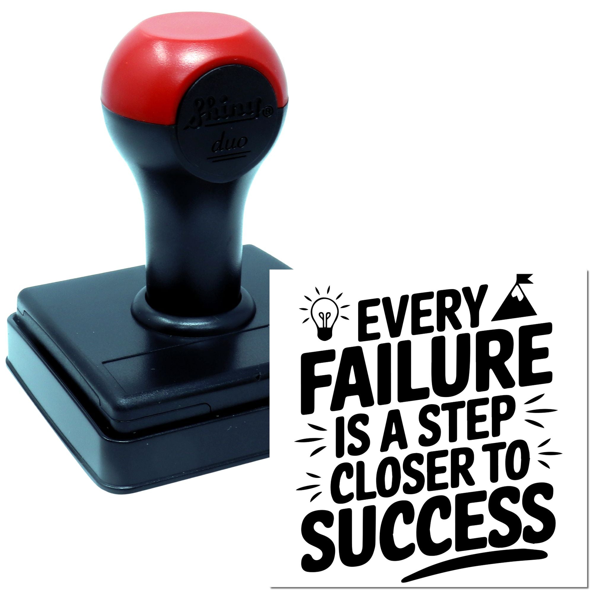 Self-inking rubber stamp with motivational quote, Every failure is a step closer to success, for custom inspirational stamping.