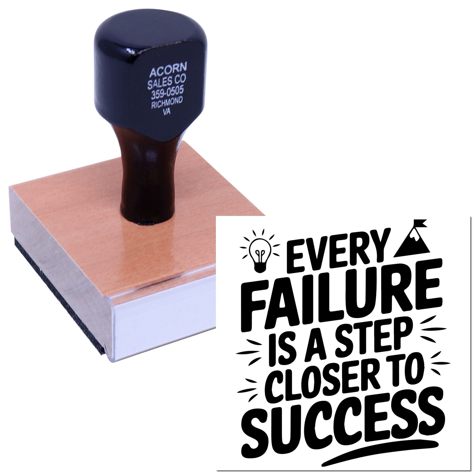 Custom wooden rubber stamp with motivational quote, "Every failure is a step closer to success," on a block stamp.