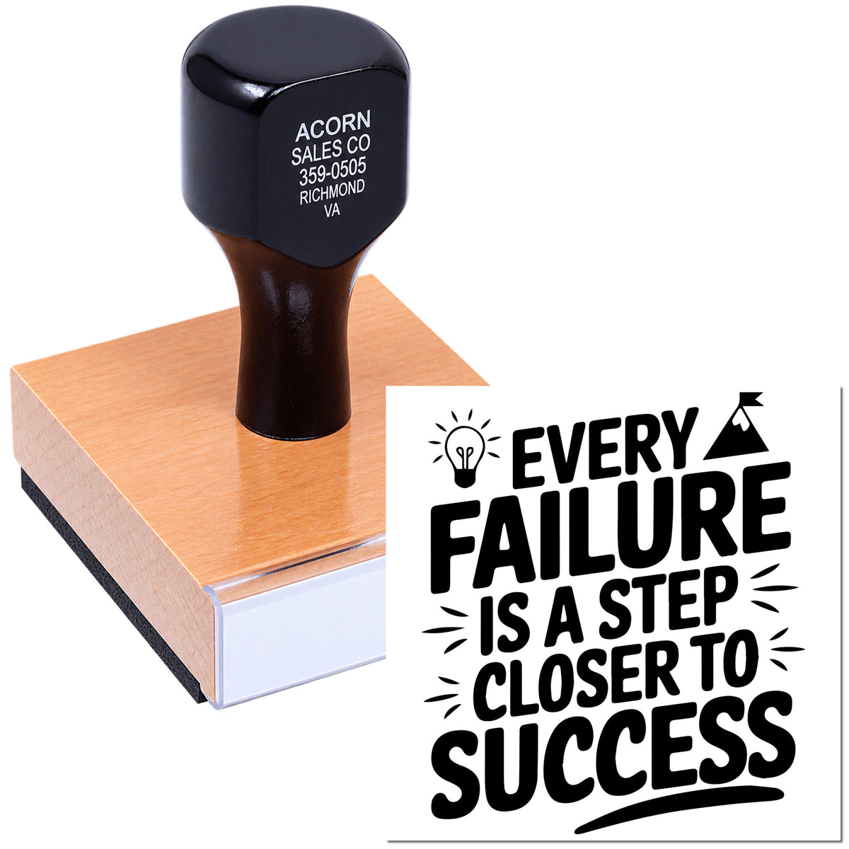 Custom wooden rubber stamp with motivational quote, "Every failure is a step closer to success," on a block stamp.