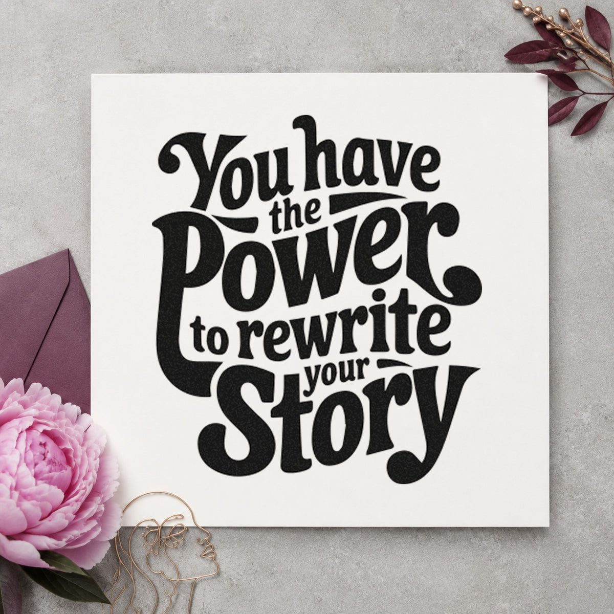 Power Rewrite Your Story craft stamp imprint in black ink on a handmade project, one idea being score gift tags.