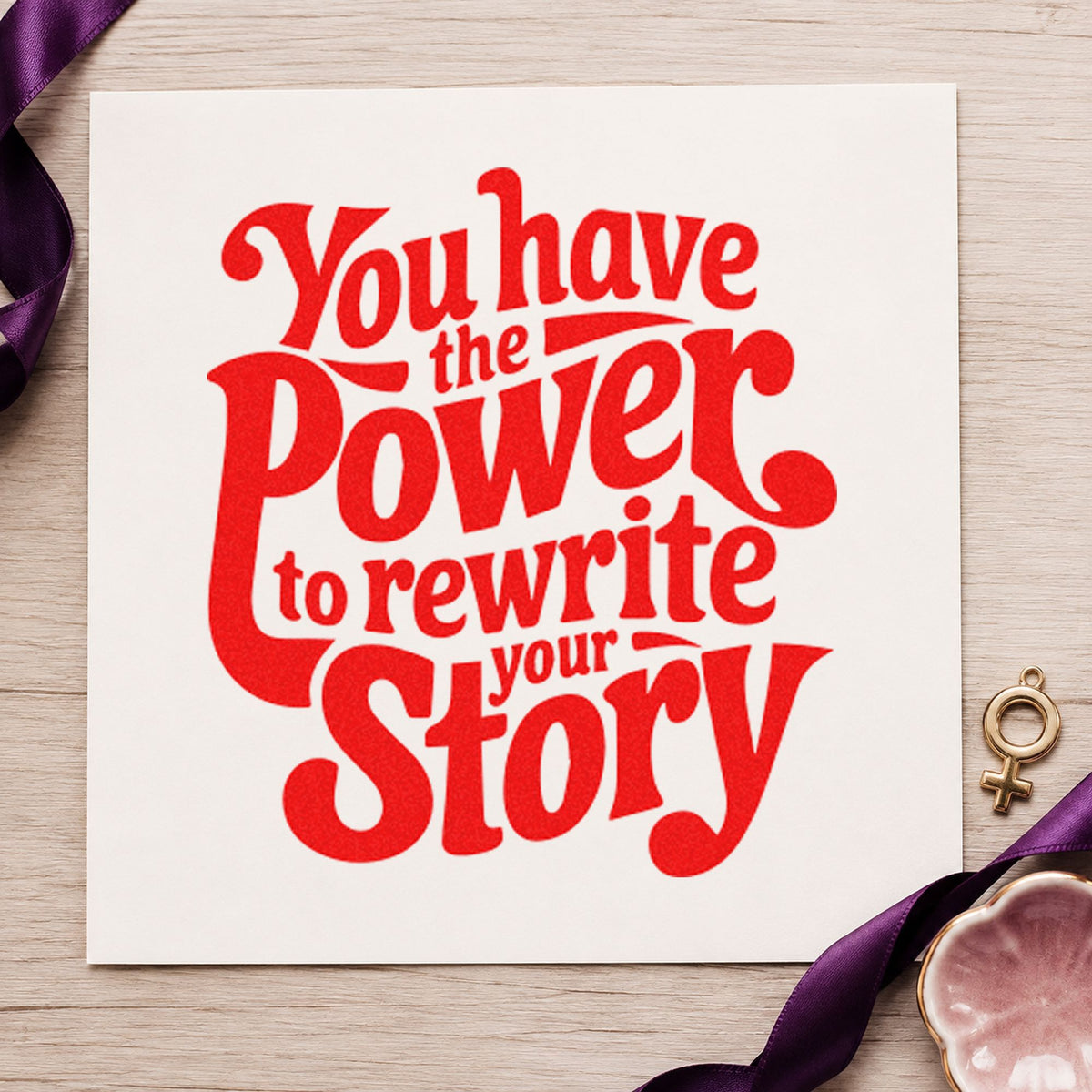 Power Rewrite Your Story rubber stamp shown in red ink, stamped for projects such as shelf score labels.