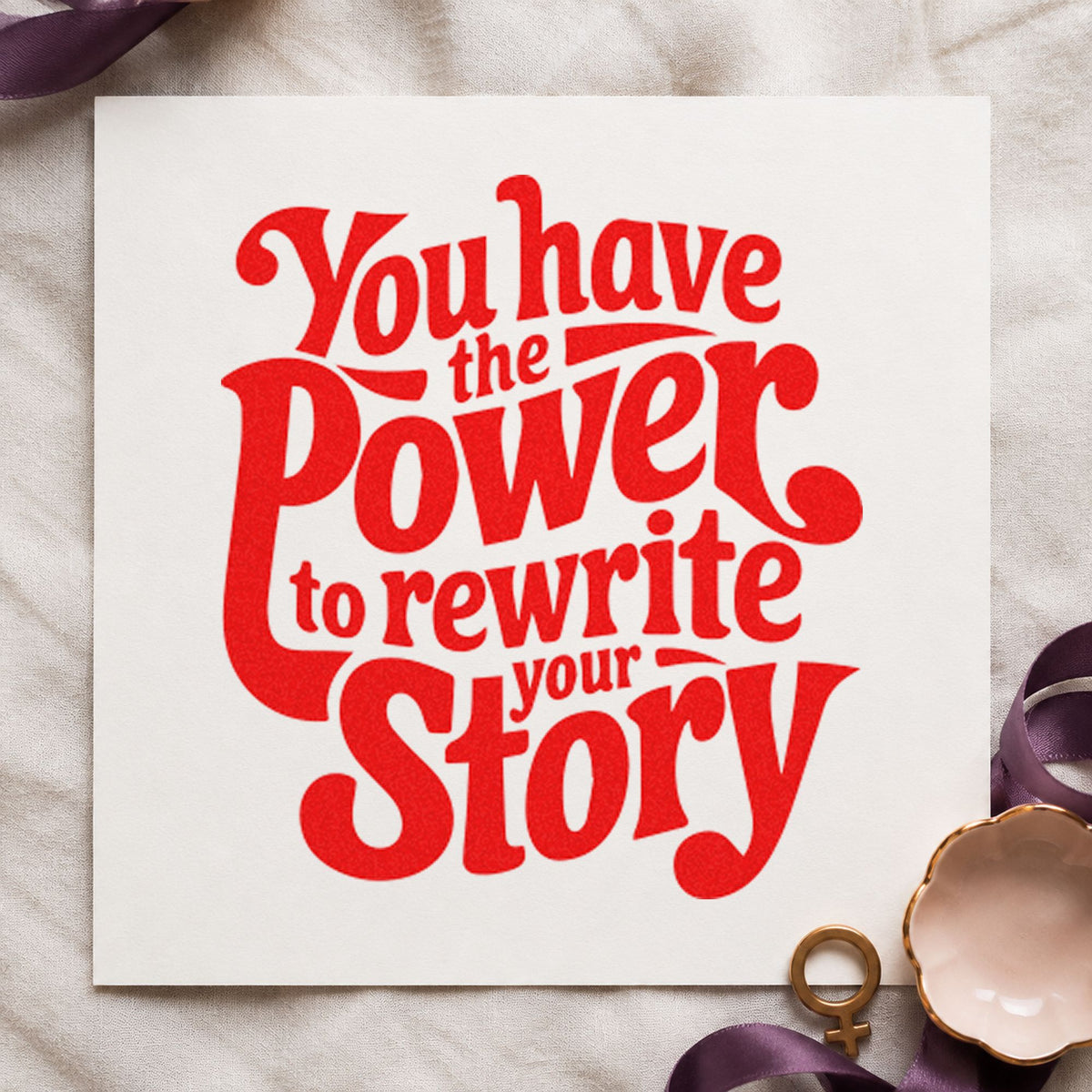 Power Rewrite Your Story craft stamp imprint in red ink on a handmade project, one idea being sight read cards.