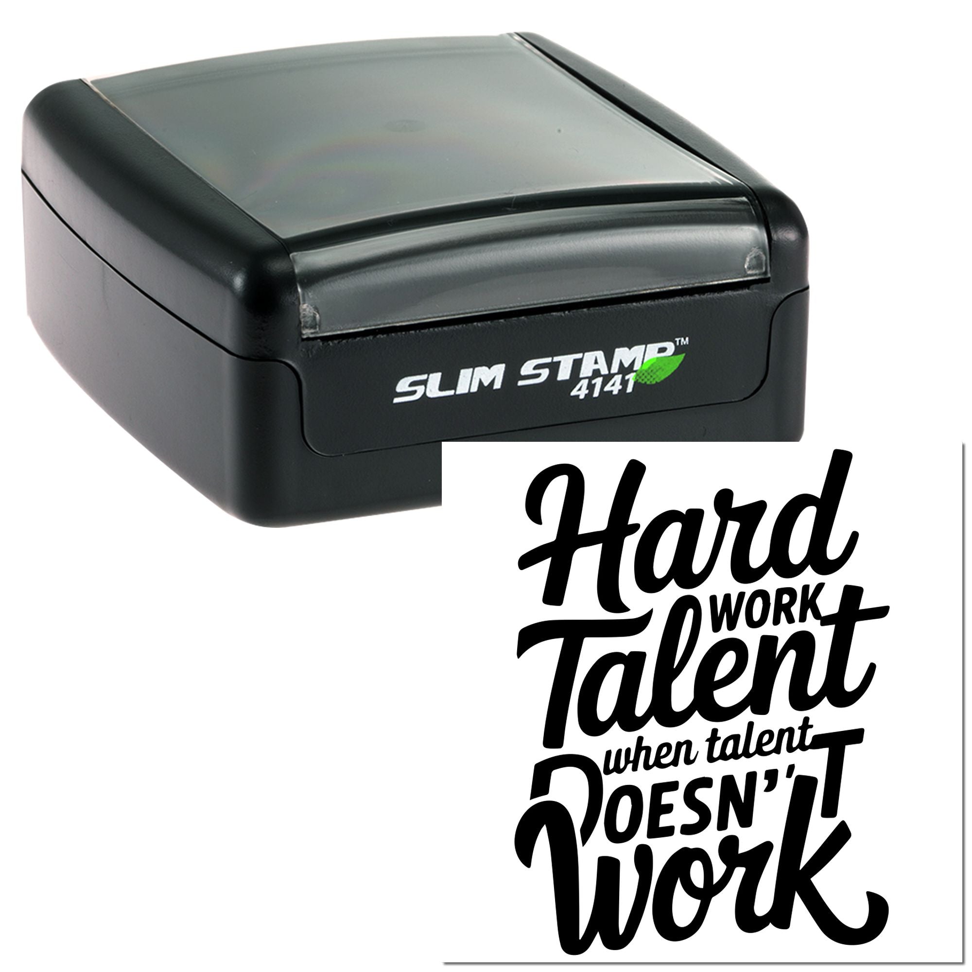 Slim self-inking rubber stamp with motivational Hard Work, Talent quote imprint for office, teacher, or craft use.
