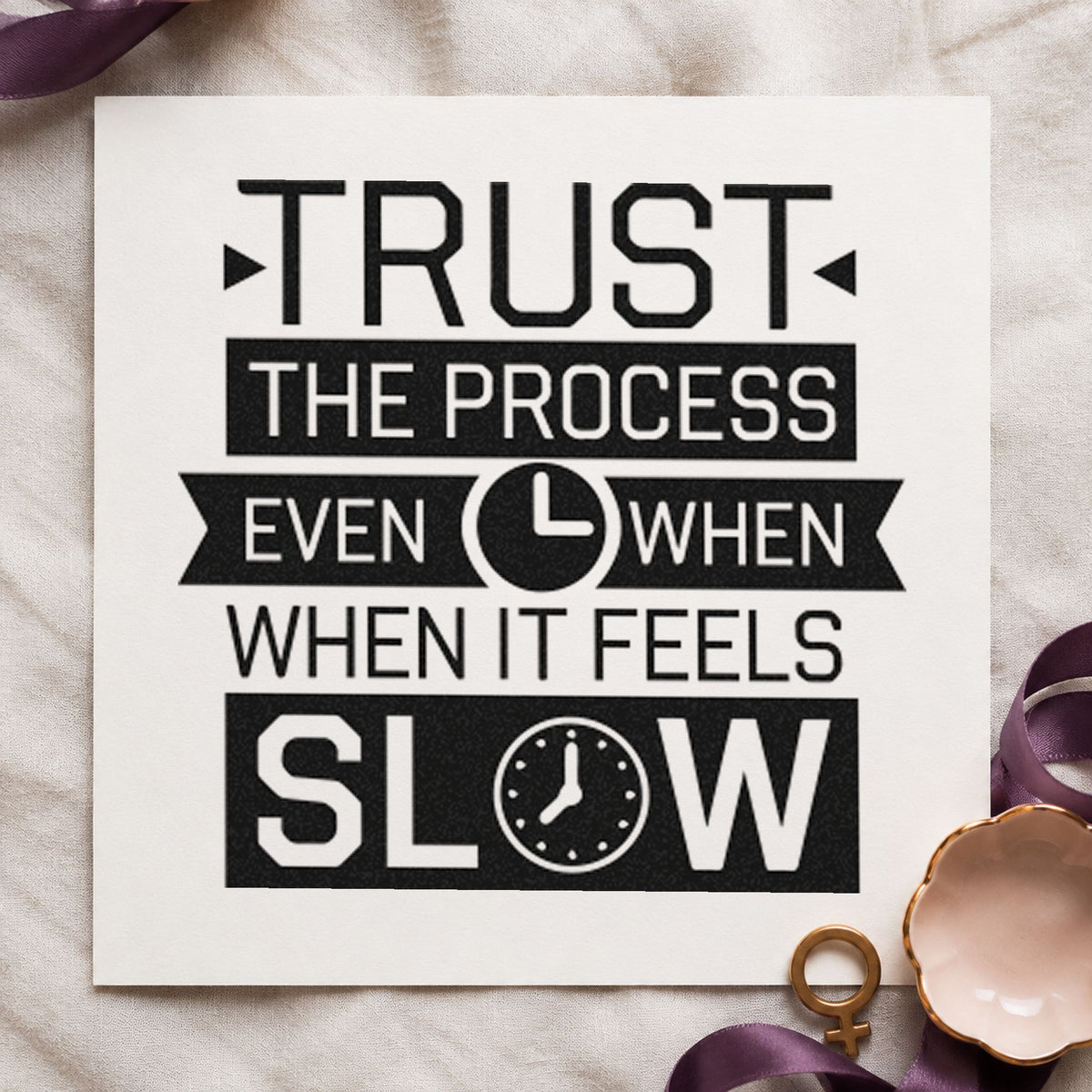 Trust Process Slow Clocks craft stamp imprint in black ink on a handmade project, one idea being bottle gift tags.